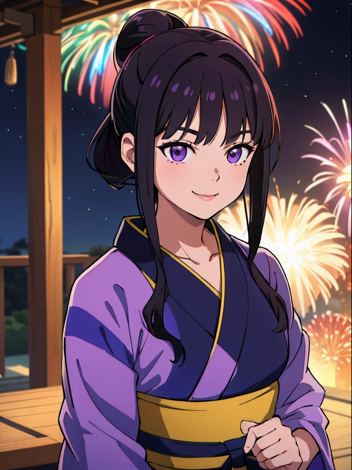 (masterpiece、top-quality:1.2)、((facing front:1.2))、A smile、With bangs、Longhaire、Bring your hair up、Purple eyes、Young woman at 、((The upper part of the body:1.2))、Promotional Art、offcial art、colorful japanese yukata、Aoi pattern yukata、Colorful fireworks、Night background