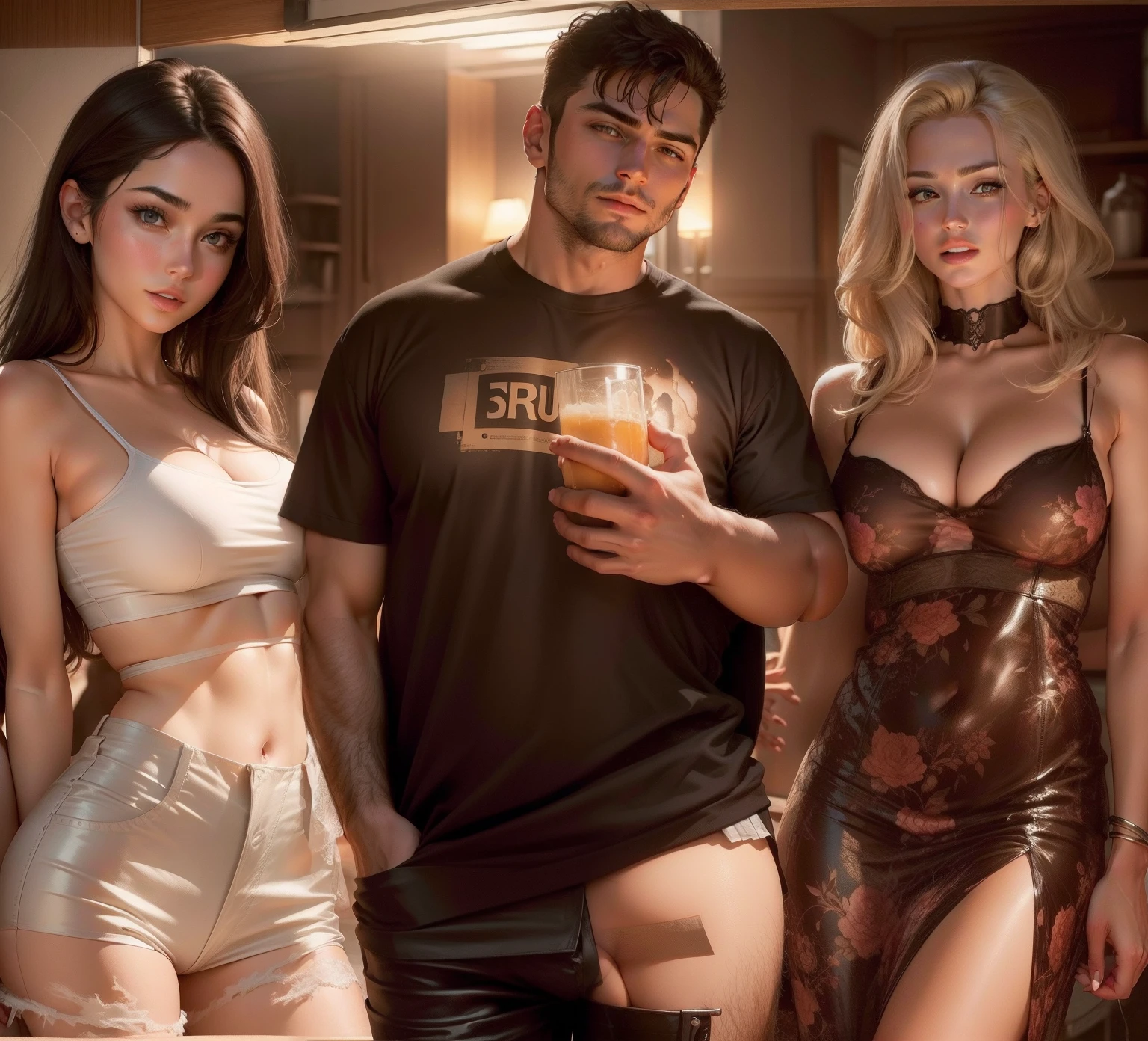handsome man with two beautiful sexy naked girls on background big breast