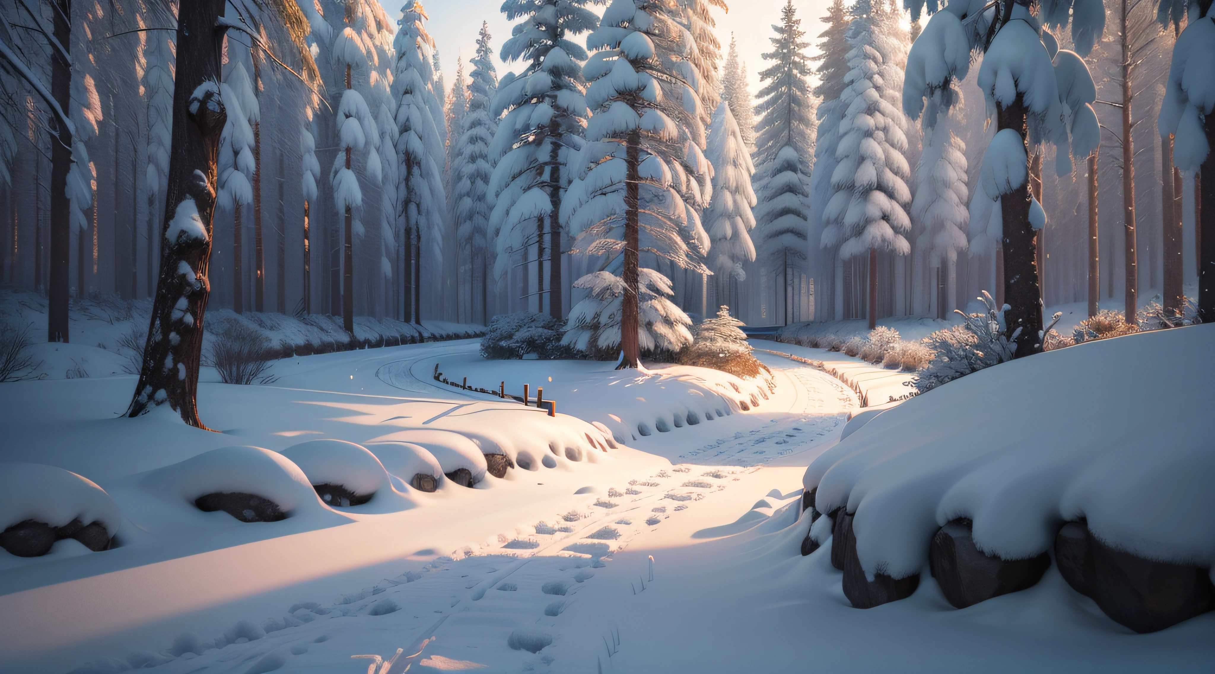 incrivel jardim de gelo de inverno, com caminho de gelo levando a uma escada, com esculturas de cristais nas lateriais, ao fundo floresta de inverno com montanhas gelidas, ultra 4kd,4k
