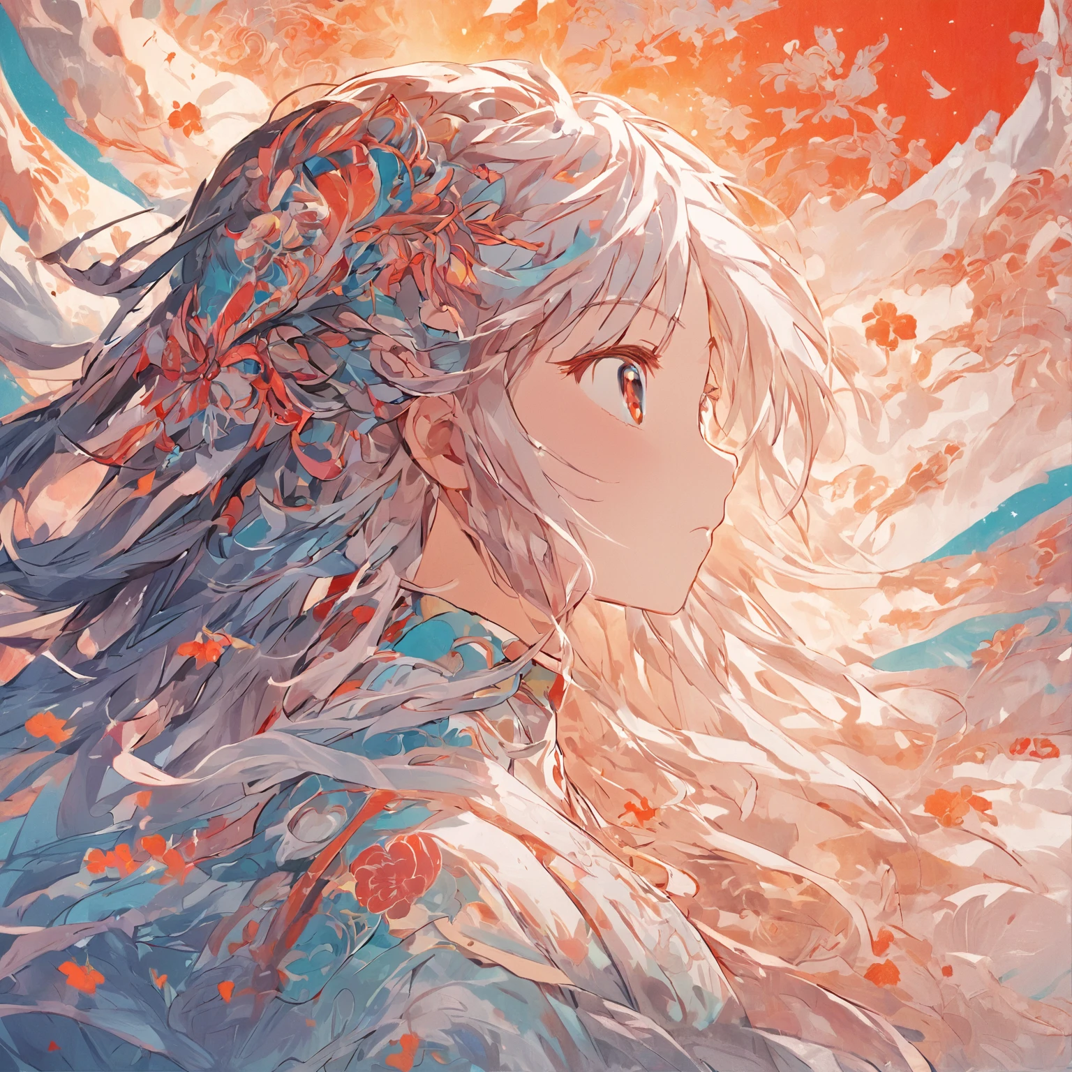 (White background:1.4),(Silhouette of a girl's head, Eyes closed, colorfull long hair, Oriental elements)，(Chinese illustration:1.3，paper art:1.3, Quilted paper art:1.2),( reasonable design, Clear lines, High sharpness,Best quality, Very detailed, Masterpiece, movie light effect, 4K )dead