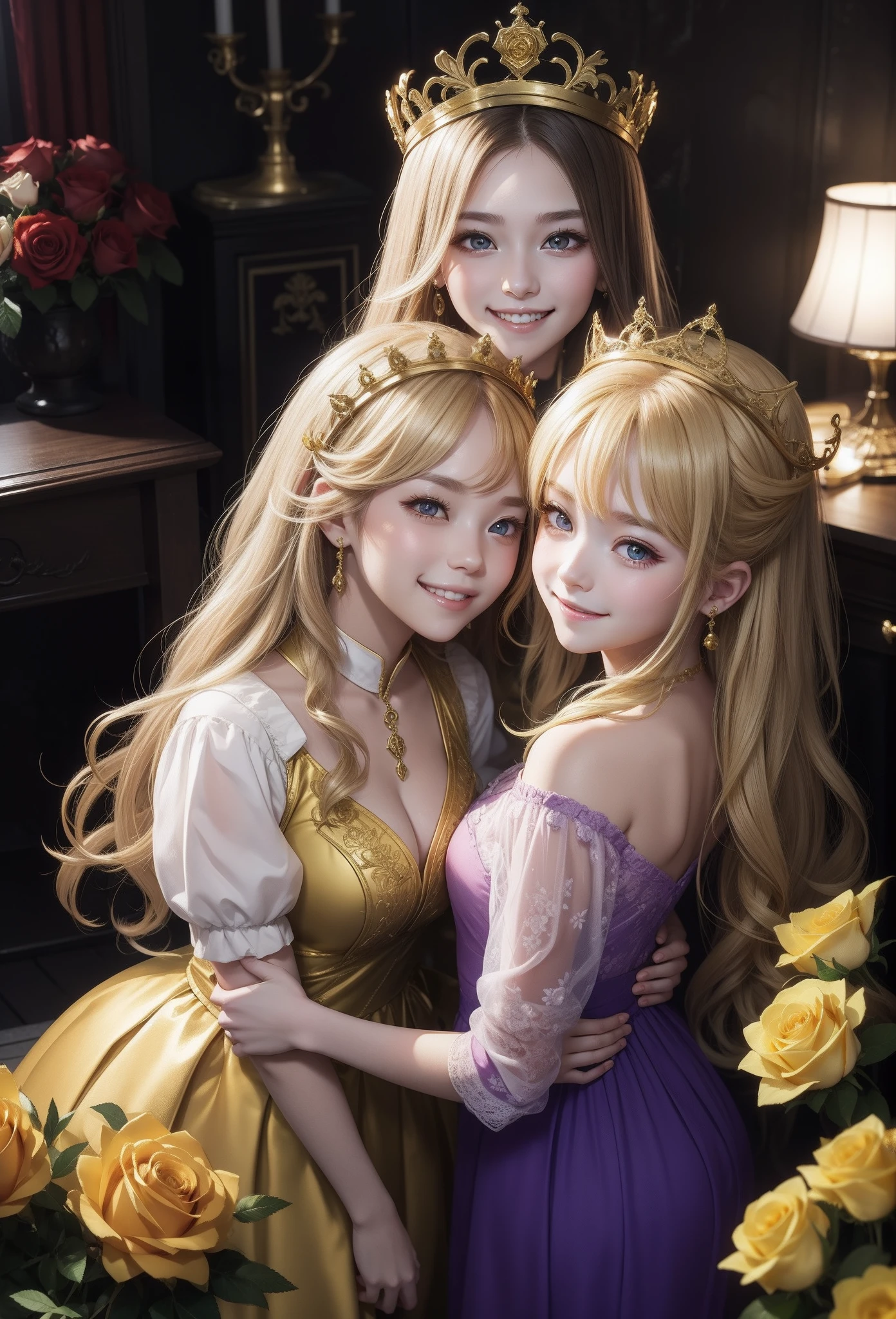Only the smile of 2 cute girls、duo,Golden eyes、Golden hair、full of roses、crowns、