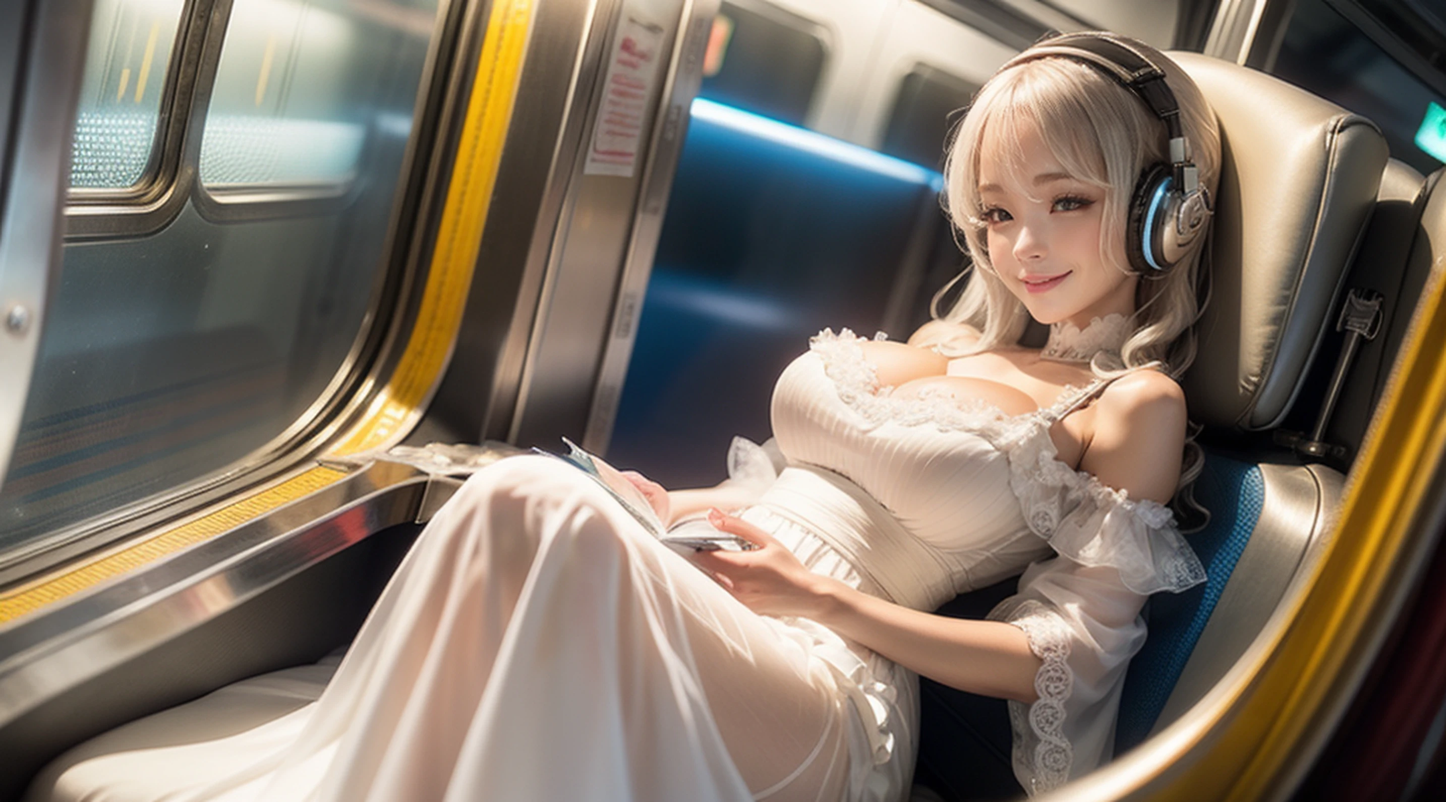 There is a woman sitting on a train with a bag and headphones, hot petite, candid shot, けもの, (realisitic), Korean Girl, Big Breast, Volumetric lighting, Highly detailed colorful details, Shallow depth of field, Her eyes are shining silver, A smile appears on her silvery lips, The swaying waves create a beautiful scene, The art depicts a charming woman dressed in a flowing, white, Her dress drapes elegantly over her curvy figure, She stood gracefully in the quiet moonlit night, The scene exudes an ethereal and dreamy atmosphere, The graphic style blends watercolor and digital illustration techniques to evoke a refined beauty and charm, casting soft highlights and shadows on her charming features,