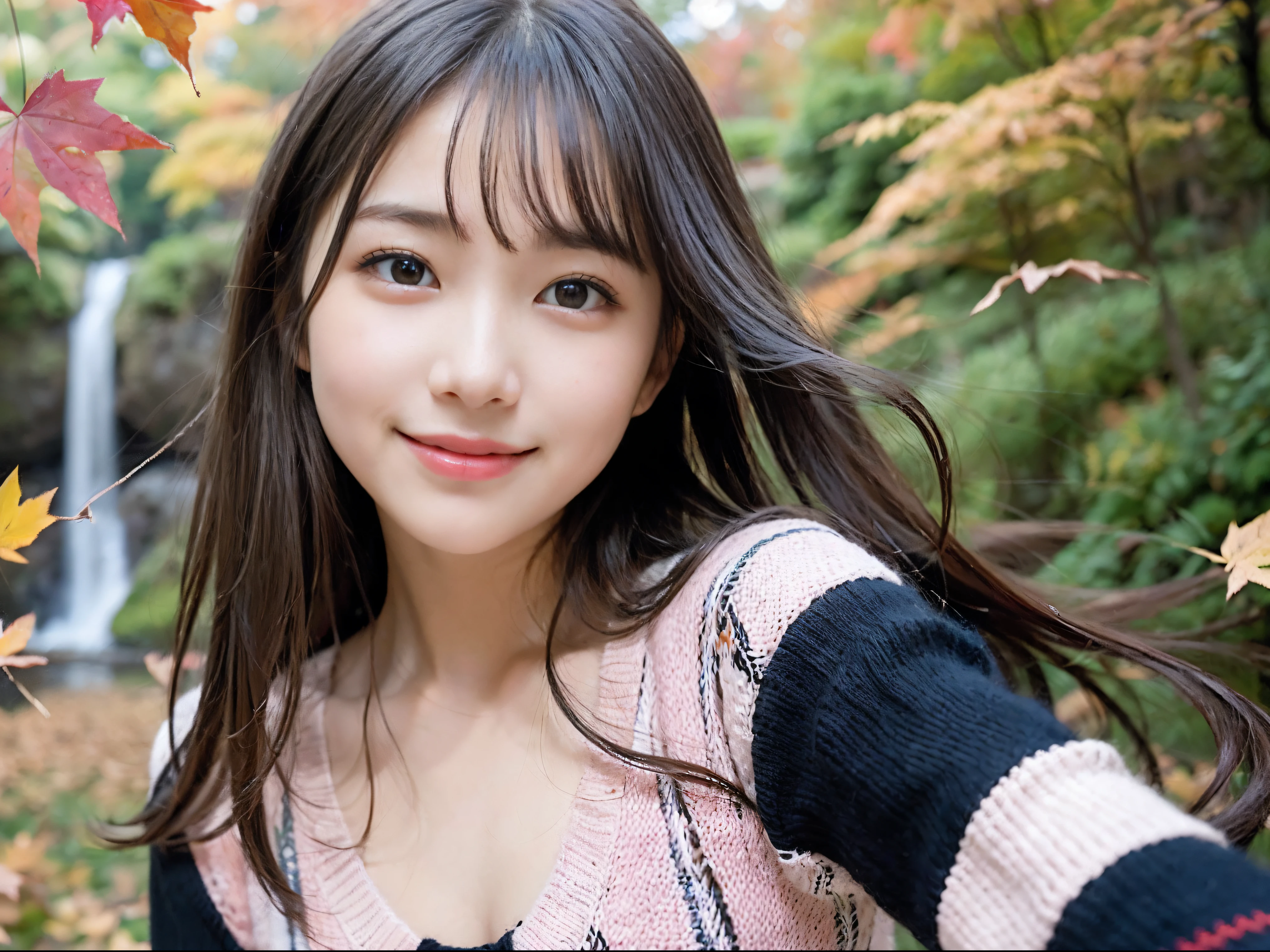(Close up portrait of one girl with slender small breasts and very long hair in colorful autumn shirt and sweater:1.5)、(Smiling girl with hair fluttering in the wind stands on the edge of the screen:1.3)、(Waterfall and wonderfully beautiful autumn foliage background :1.3)、(Perfect Anatomy:1.3)、(complete hands:1.3)、(complete fingers:1.3)、Photorealsitic、Raw photography、masutepiece、top-quality、hight resolution、delicate and pretty、face perfect、Beautiful detailed eyes、Fair skin、Real Human Skin、pores、((thin legs))、(Dark hair)
