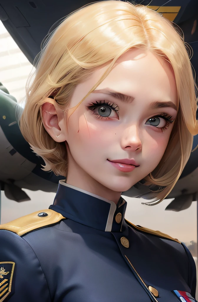 Ride a fighter、Young men、Wearing the uniform of the Air Force、blondehair、The background is an air base、、Sophisticated illustrations、Big eyes、Transparent eyes、Beautiful makeup、long eyeslashes、A smile、Smile、、Solo Photography、beatiful detailed eyes、vertical stripes　imagem 4k　超A high resolution、Overall photo