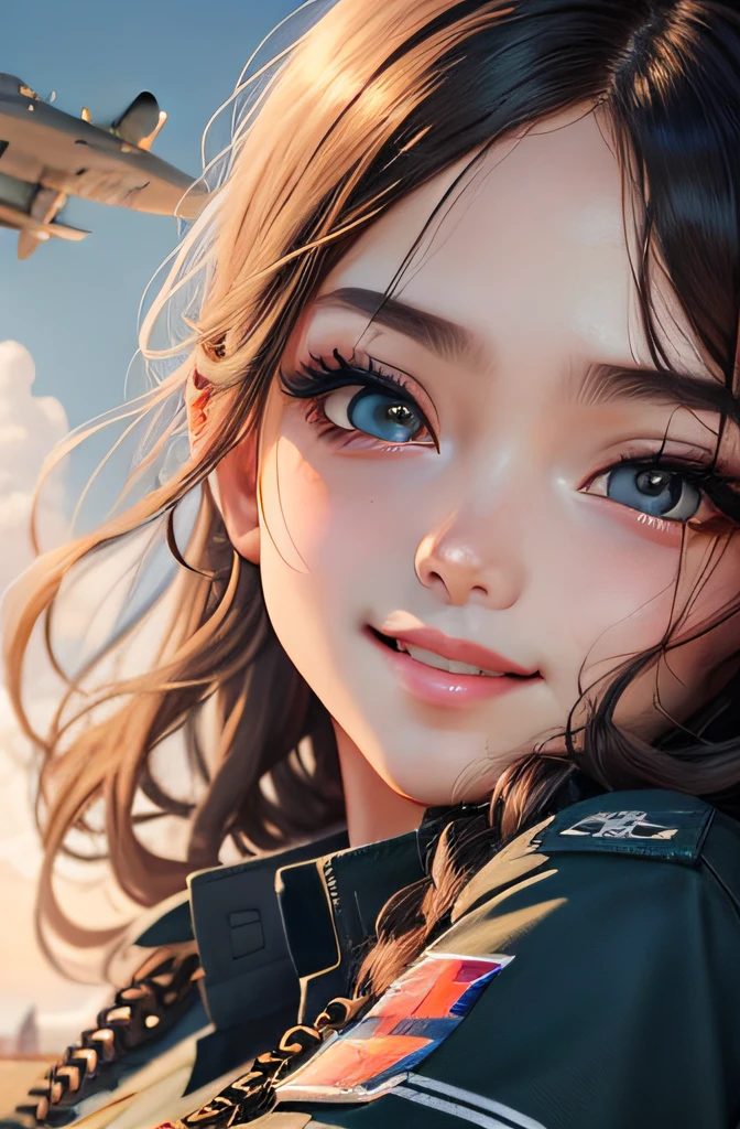 Riding on a fighter plane、Young men、Wearing Air Force uniforms、The background is an air base、、Sophisticated illustrations、Big eyes、Transparent eyes、Beautiful makeup、long eyeslashes、A smile、Smile、、Solo Photography、beatiful detailed eyes、vertical stripes imagem 4k 超A high resolution、Overall photo