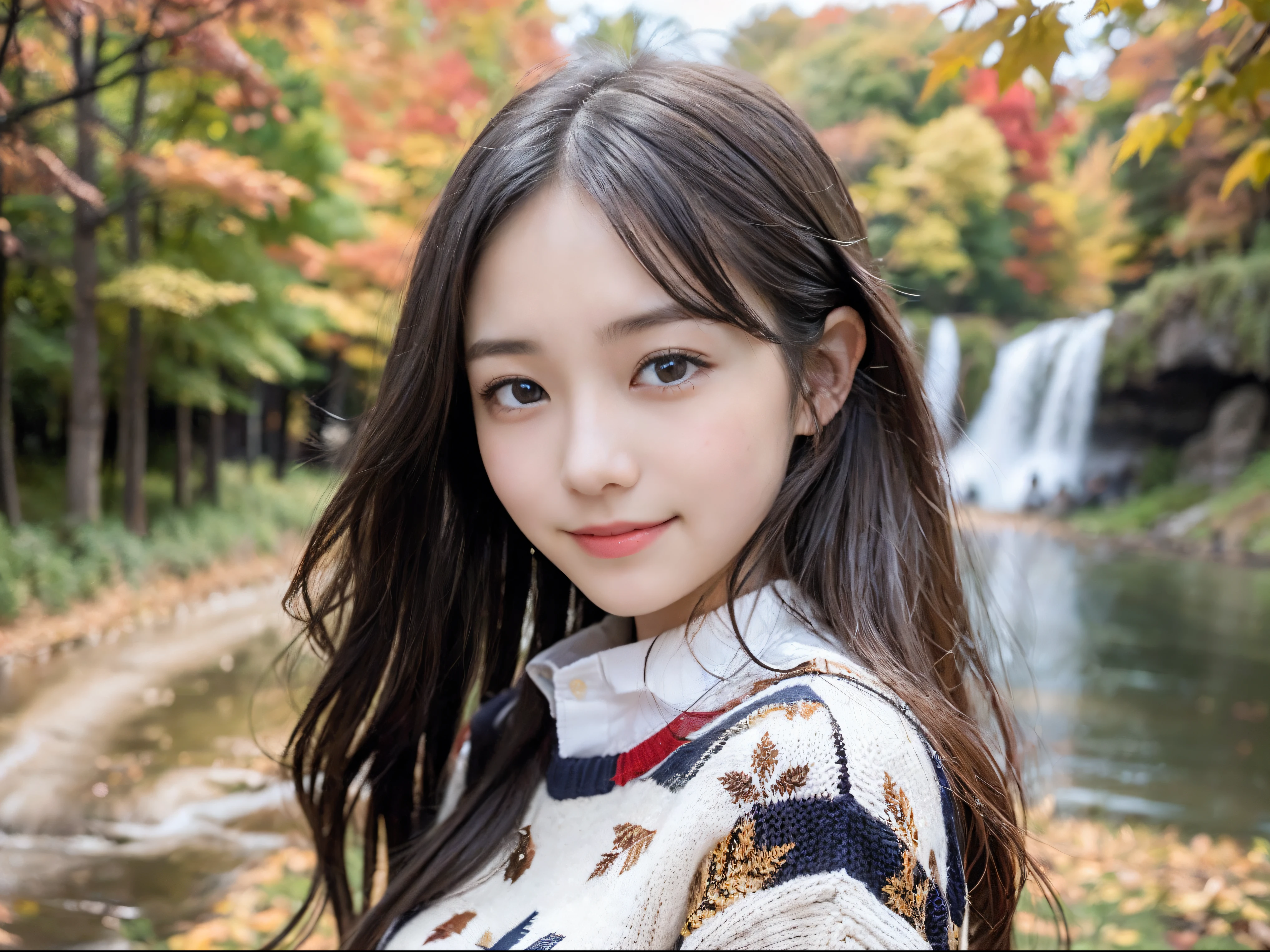 (Close up portrait of one girl with slender small breasts and very long hair in colorful autumn shirt and sweater:1.5)、(Smiling girl with hair fluttering in the wind stands on the edge of the screen:1.3)、(Waterfall and wonderfully beautiful autumn foliage background :1.3)、(Perfect Anatomy:1.3)、(complete hands:1.3)、(complete fingers:1.3)、Photorealsitic、Raw photography、masutepiece、top-quality、hight resolution、delicate and pretty、face perfect、Beautiful detailed eyes、Fair skin、Real Human Skin、pores、((thin legs))、(Dark hair)