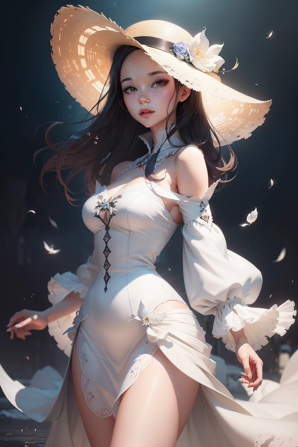 There was a woman wearing a hat and a white dress, Guviz-style artwork, Guviz, Beautiful digital illustration, By Li Song, by Yang J, stunning digital illustration, trending on cgstation, in the art style of bowater, Beautiful digital artwork, Guweiz in Pixiv ArtStation, guweiz masterpiece