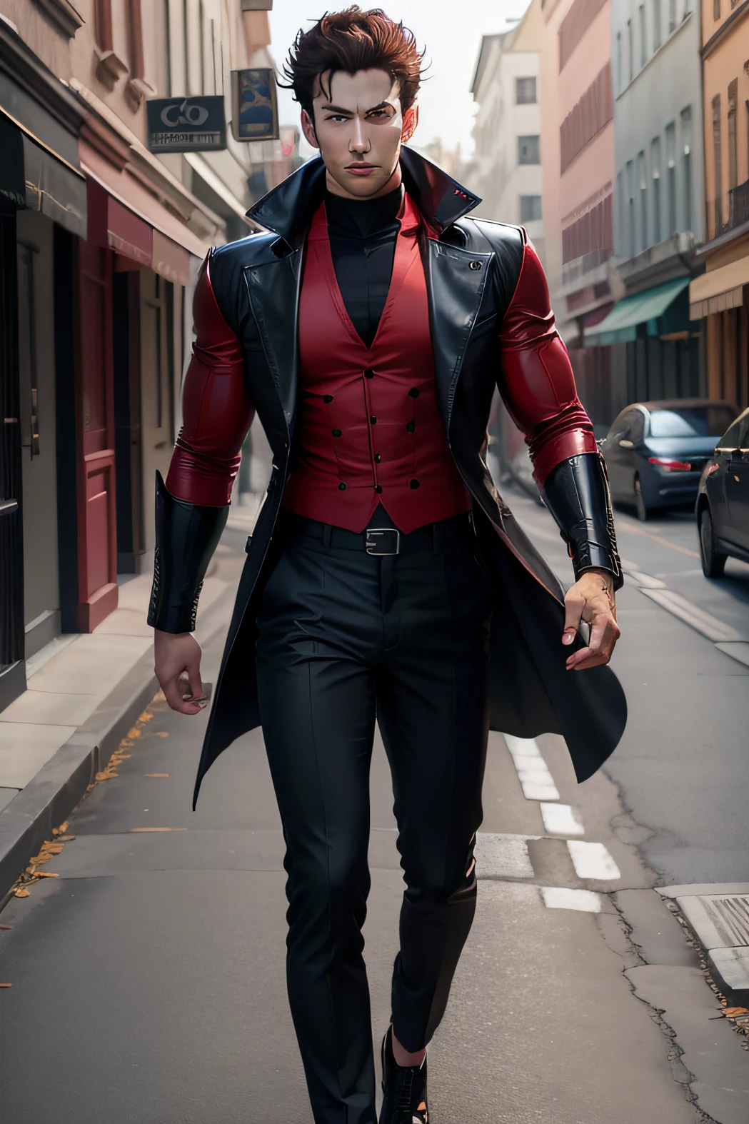 arafed image of a man anime, wearing dress red shirt, black coat and black pants, no six packs, blue eyed, modeled in signature poser, brown hairs, high resolution face