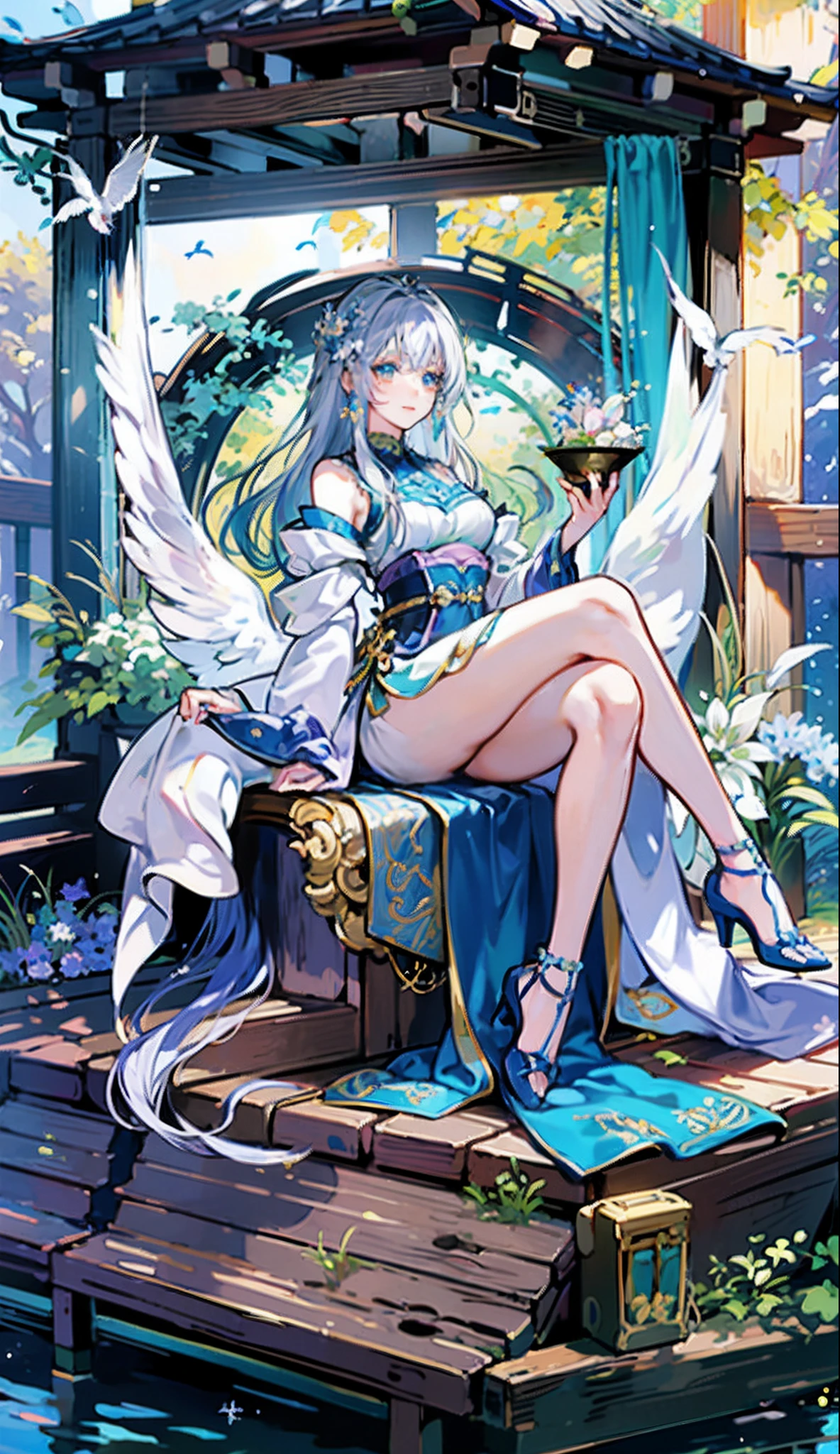 Anime girl sitting on a boat in a blue and white vase, full-body xianxia, Trending on CGSTATION, Trending in ArtStation pixiv, a beautiful fantasy empress, anime goddess, ((a beautiful fantasy empress)), beautiful alluring anime woman, royal elegant pose, pixiv, by Shitao, Pixiv Azure Lane Style,japanese anime style,Silver hair,verd s eyes,Two white doves are flying with a lace curtain in their mouths,Leaf motifs,beautidful eyes,View here,Garnish with blue flowers in the hair,Five beautiful fingers,Naughty smile,pretty eyes of blue-green color,A detailed eye,Holding the instrument in your hand,Sit on the acupuncture points,Simple background、(top-quality、8K、​masterpiece:1.3)、 Highly detailed facial and skin texture、｛very delicate green dripping eyes｝、二重まぶた、de pele branca、(with round face:1.5)、silber hair、Beautie、｛silber hair、Long hair}、｛Long hair}、gothic atmosphere、｛White and blue flower hair accessories on left and right sides of the head:1.5｝、Green Fishing Eye、22year old