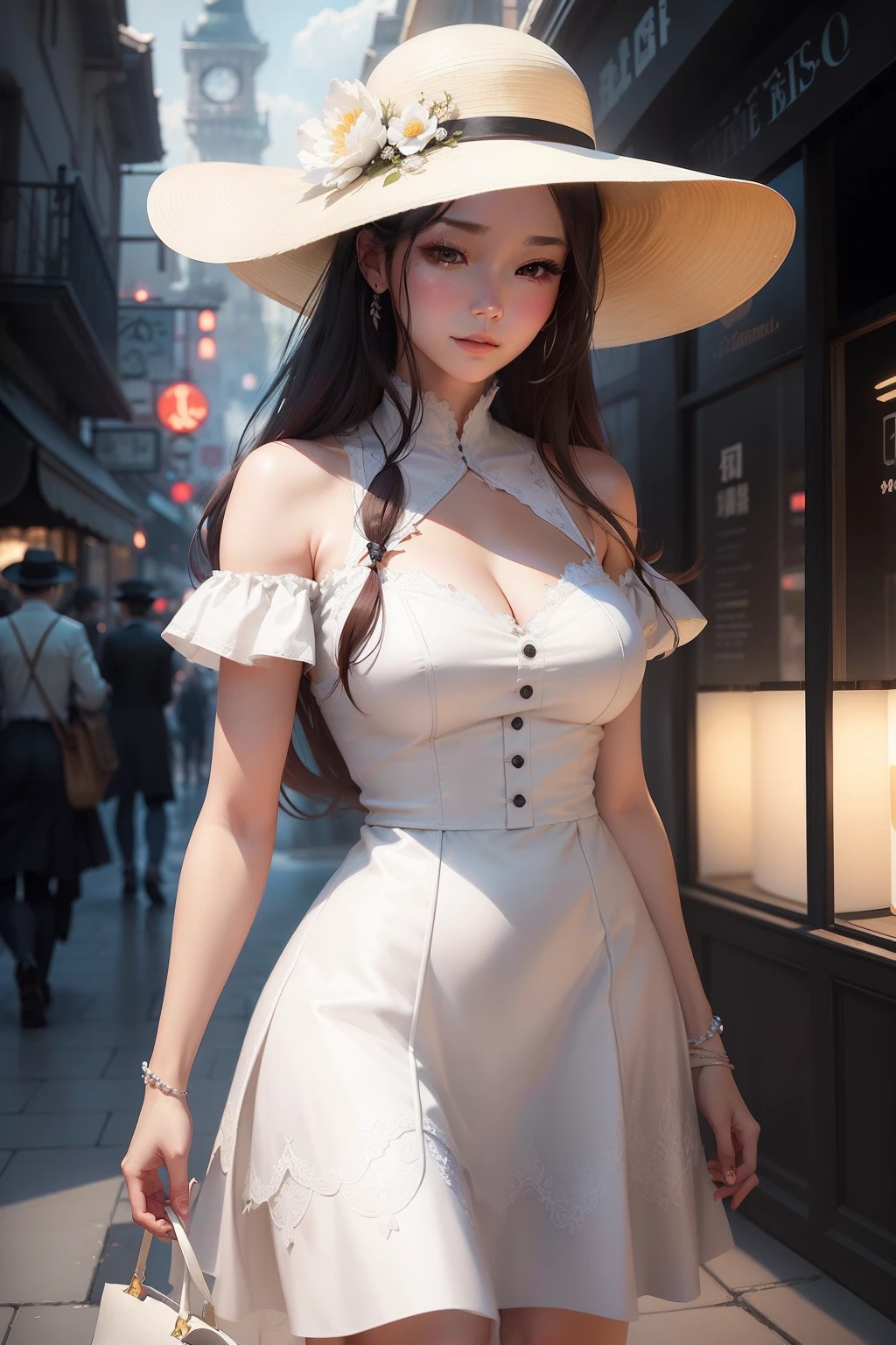 There was a woman wearing a hat and a white dress, Guviz-style artwork, Guviz, Beautiful digital illustration, By Li Song, by Yang J, stunning digital illustration, trending on cgstation, in the art style of bowater, Beautiful digital artwork, Guweiz in Pixiv ArtStation, guweiz masterpiece