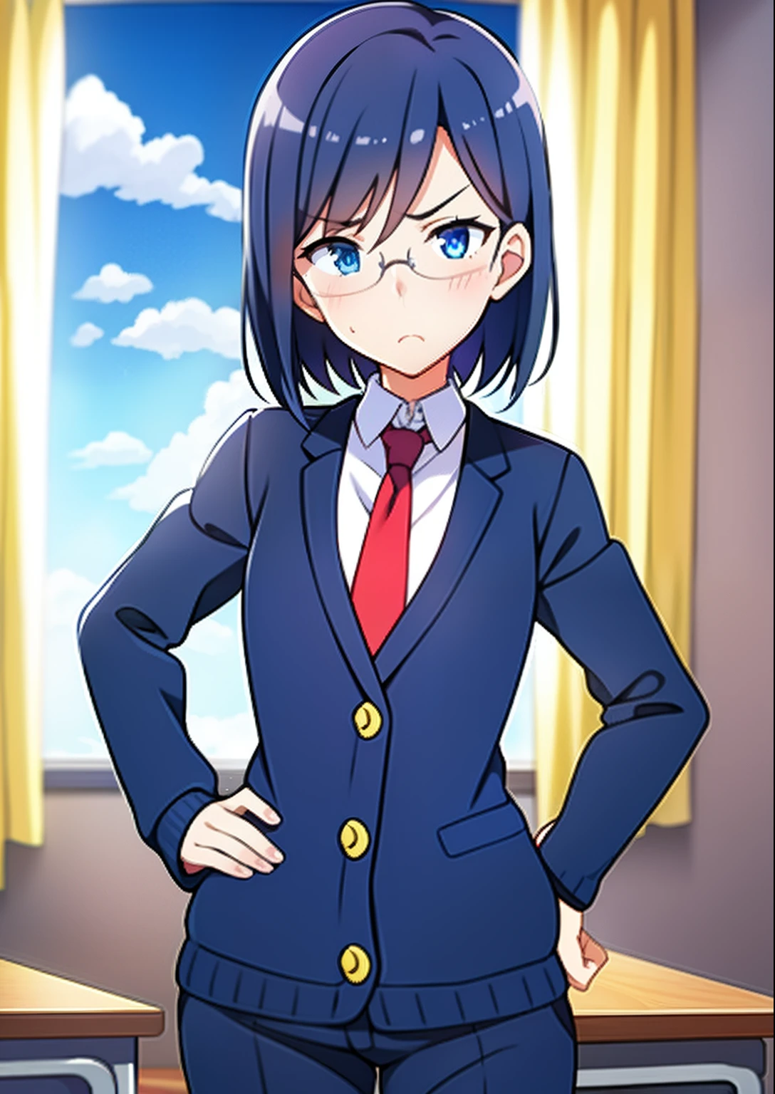 masterpiece, best quality, ultra detailed, illustration, dark blue hair, blue eyes, round glasses:0,8, dark blue cardigan:1.0, red necktie, long pants:1.1, blush, embarrassed, dramatic shadows, looking at viewer, cinematic lighting, school, desks, hands on hip, furrowed brow, frown, windows, sky, clouds, curtains,