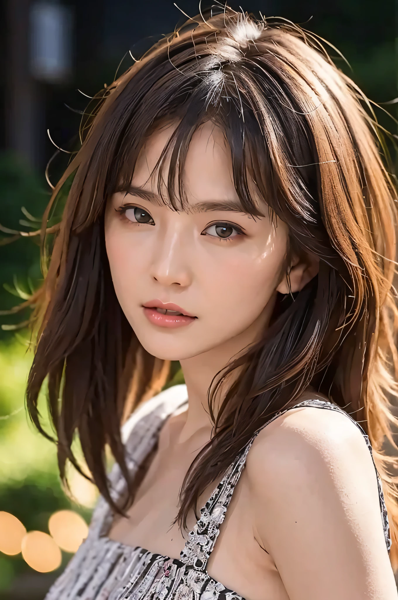 randome pose, mix4, (8k, RAW photos, best qualtiy, tmasterpiece: 1.45), (realisticlying, realisticlying: 1.37), one-girl, adolable, view over city, the night, Sateen, dampness, profesional lighting, photon maping, Radio City, physically-based renderingt, gradient brunette hair, greyt hair, short and wavy hair, handsome, Kizi, Deep V-neck suspender one-piece swimsuit, paleskin, High quality photos, A high resolution, 1080p, (Clear face), (Detailed face description), (Detailed hand description), (tmasterpiece),(Delicate CG),extreme light and shadows,messy hair,tmasterpiece,rich details,(finely detailed facial features),(a photograph of highest quality),(tmasterpiece),(Detailed eyes),Look at your eyes,Fine collarbones,(:1.47),