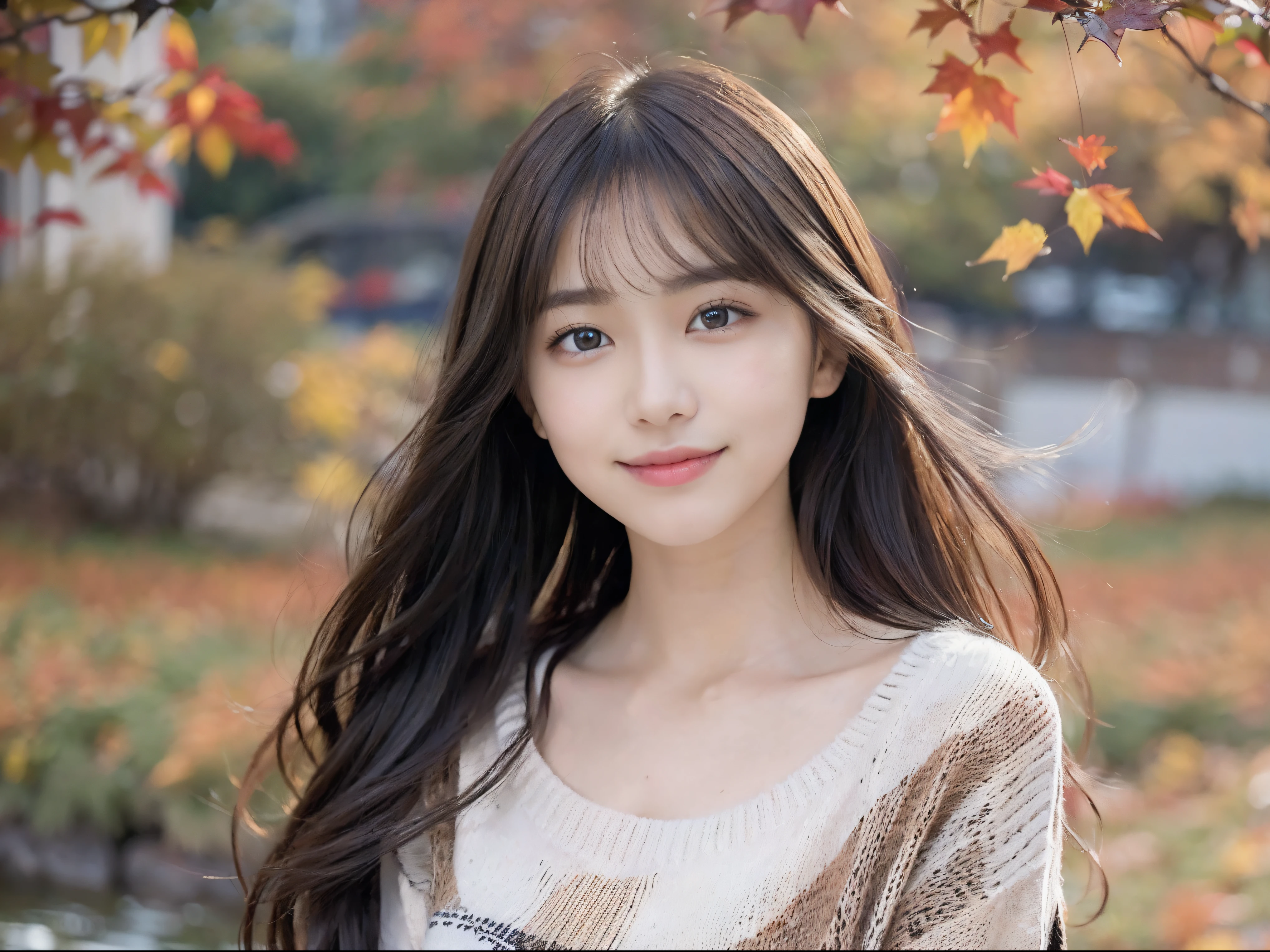 (Close up portrait of one girl with slender small breasts and very long hair in colorful autumn shirt and sweater:1.5)、(Smiling girl with hair fluttering in the wind stands on the edge of screen:1.3)、(Waterfall and wonderfully beautiful autumn foliage background :1.3)、(Perfect Anatomy:1.3)、(complete hands:1.3)、(complete fingers:1.3)、Photorealsitic、Raw photography、masutepiece、top-quality、hight resolution、delicate and pretty、face perfect、Beautiful detailed eyes、Fair skin、Real Human Skin、pores、((thin legs))、(Dark hair)