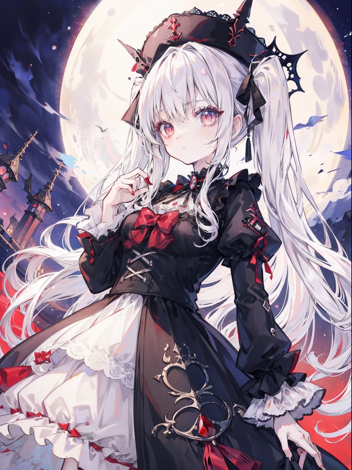 tmasterpiece，HighestQuali，1girll，Gothic，Lolita style，long  white hair，curlies，red color eyes，Fine detail eyes，Hats，the night，themoon，borgar