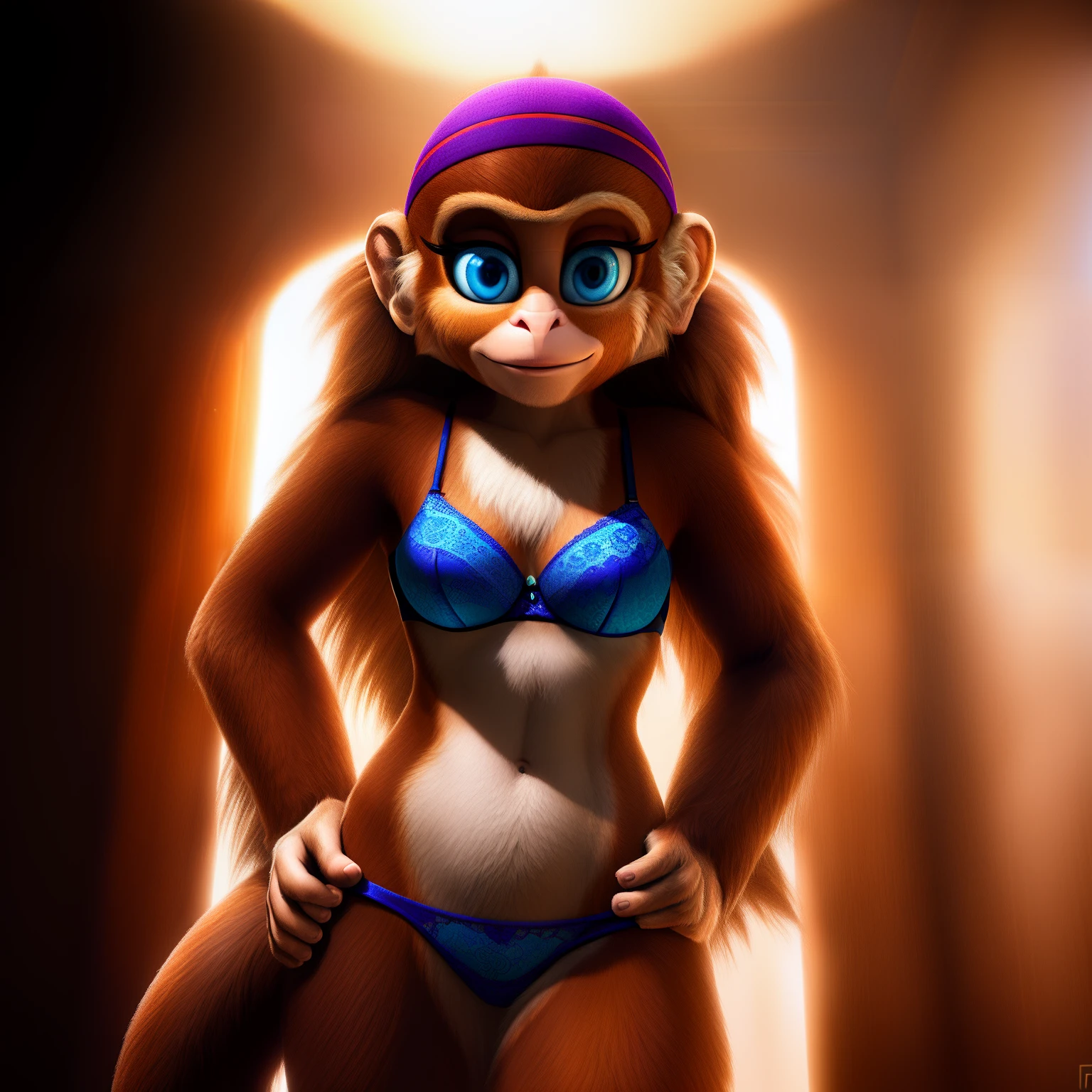 (((Cute Face))), (((Cute pose))), (((detailed blue eyes))), Solo, (((highly detailed brown multicoloured fur))), ((seductive)), (((female))), (((bra))), standing, (by fivel), detailed eyes, (((medium breasts))), ((eyelashes, monkey)), ((facing viewer)), long hair, (((full body should be seen))) (((long hyper detailed tail))), sharp focus cgi, photorealistic, high detail, realistic, masterpiece, absurdres, best quality, HDR, high quality, high-definition, extremely detailed, 8k wallpaper, intricate details, 8K uhd, Full-HD, (realistic photo:1.2), contrast, harsh lighting, cinematic lighting, natural lighting, hard light, backlighting, global illumination, ambient occlusion