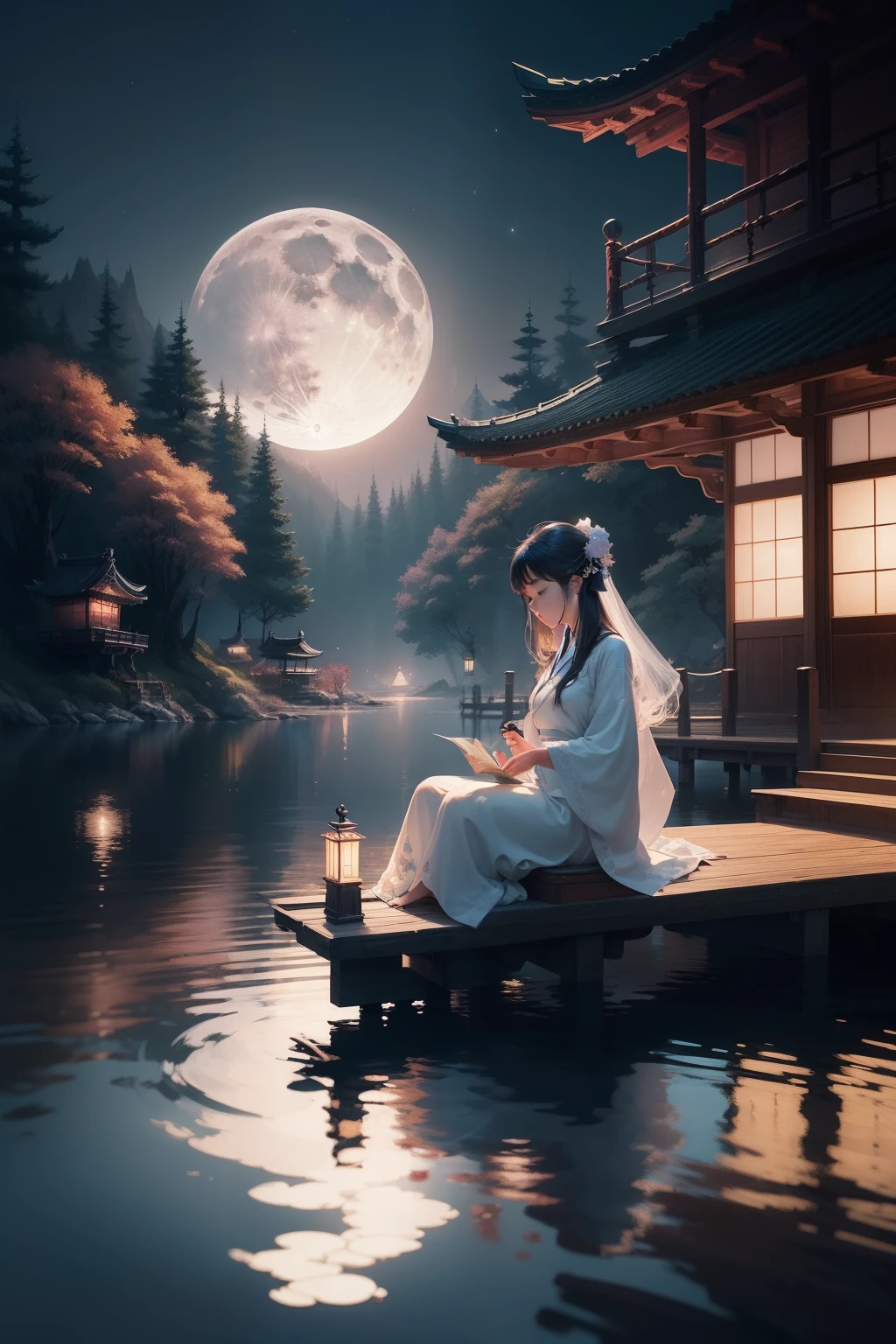 There was a woman sitting on the dock，The background is the full moon。, calm evening. Digital illustration, A beautiful artwork illustration, float under moon light at night, serene illustration, dreamlike illustration, fairy-tale illustration style, moonlit night dreamy atmosphere, Japanese style painting, floating chinese lampoons, fairy tale style background, 4 k hd wallpaper illustration