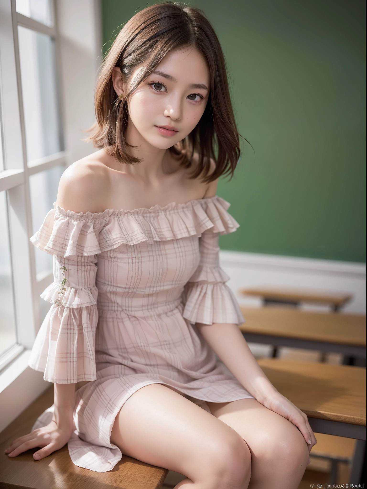 ((of the highest quality, 8K, masutepiece: 1.3, Raw photo)), Sharp Focus: 1.2, (1 AESPA Girl :1.1), Solo, (Realistic, Photorealistic: 1.37), (Face Focus: 1.1), Cute face, hyperdetailed face, short messy hair, Small Smile, slender, nude, (Off-the-shoulder chiffon dress, check skirt: 1.3), (Sitting with one knee up: 1.3), classroom, panties, flower, dahlia