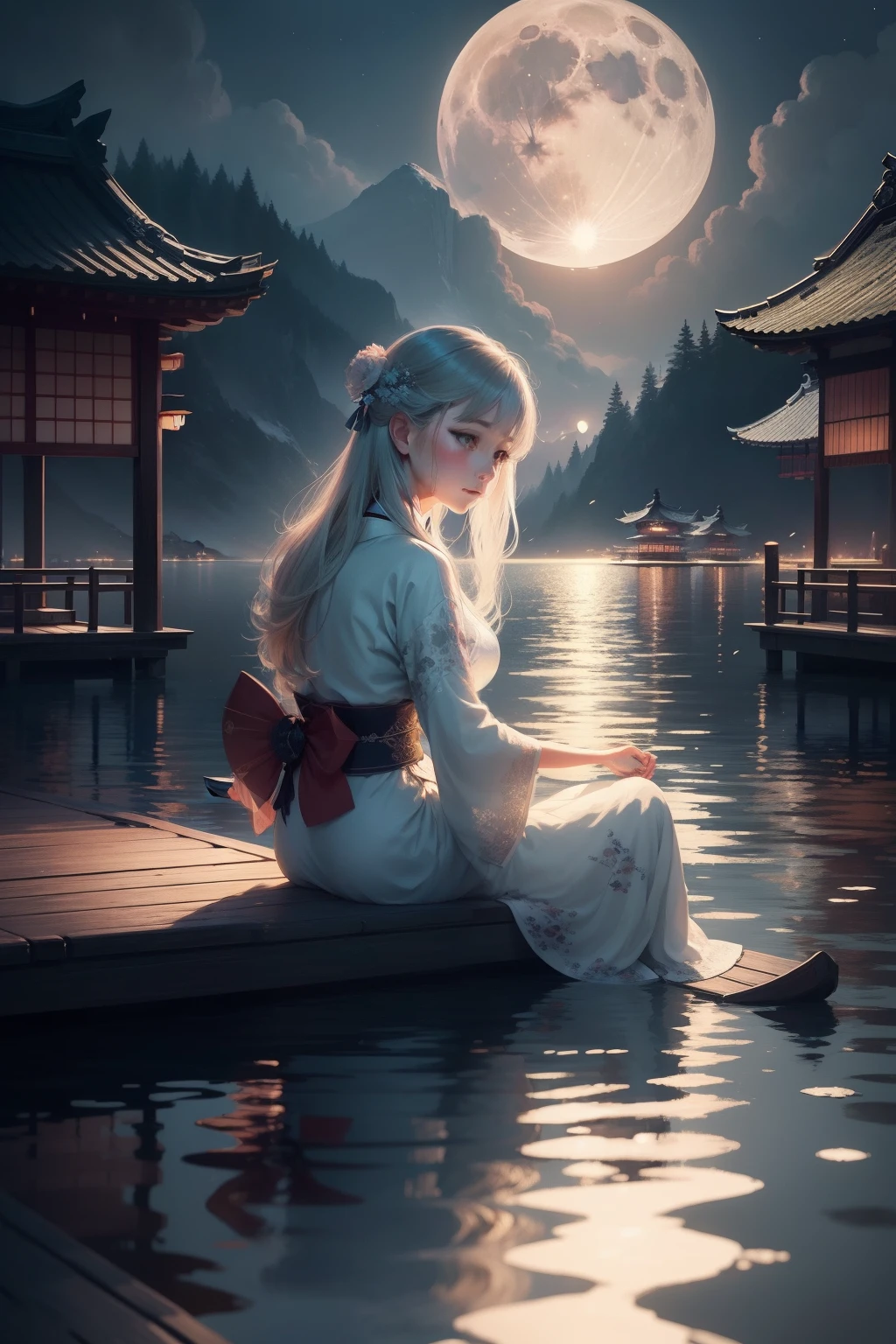 There was a woman sitting on the dock,The background is the full moon。, calm evening. Digital illustration, A beautiful artwork illustration, float under moon light at night, serene illustration, dreamlike illustration, fairy-tale illustration style, moonlit night dreamy atmosphere, Japanese style painting, floating chinese lampoons, fairy tale style background, 4 k hd wallpaper illustration