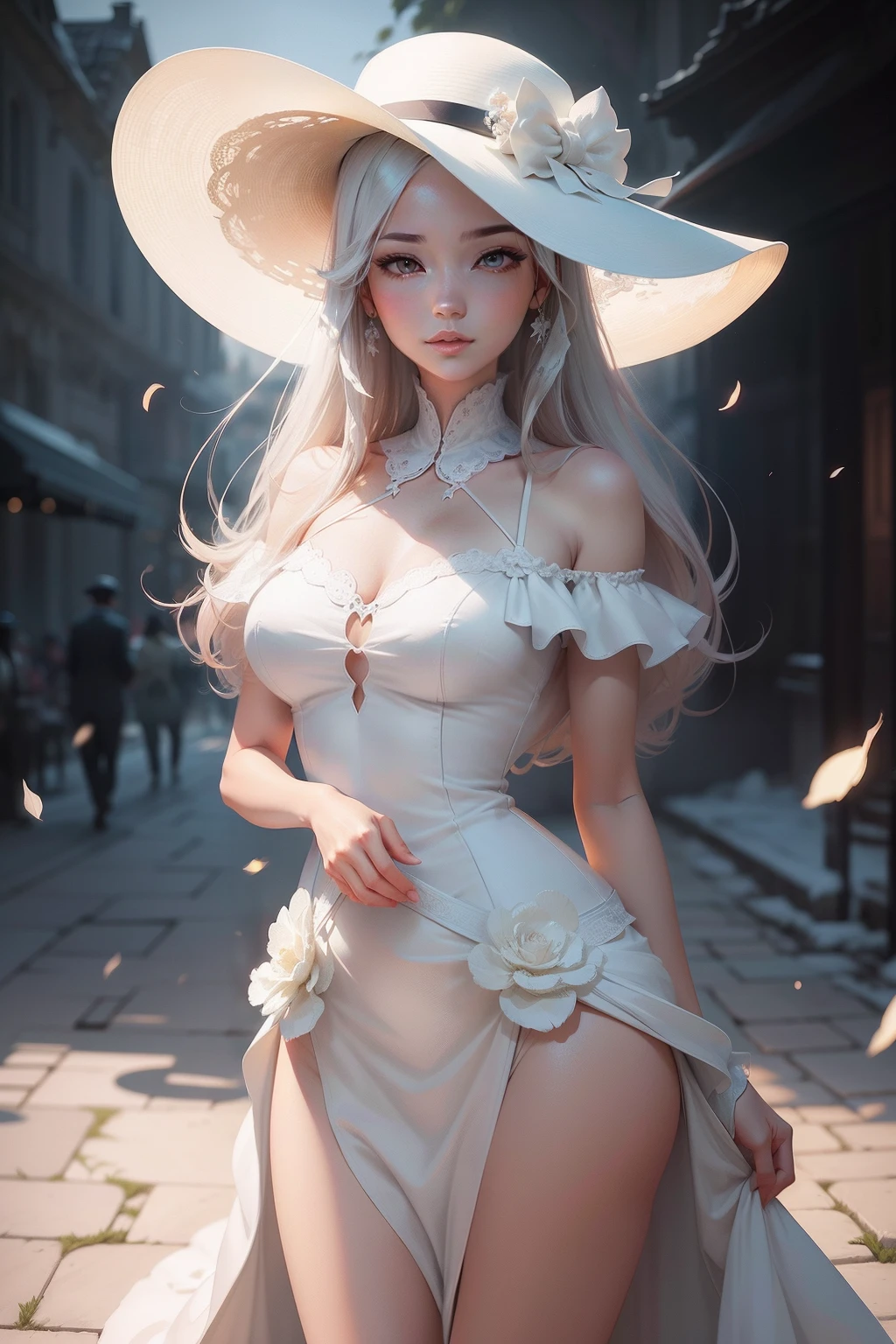 There was a woman wearing a hat and a white dress, Guviz-style artwork, Guviz, Beautiful digital illustration, By Li Song, by Yang J, stunning digital illustration, trending on cgstation, in the art style of bowater, Beautiful digital artwork, Guweiz in Pixiv ArtStation, guweiz masterpiece