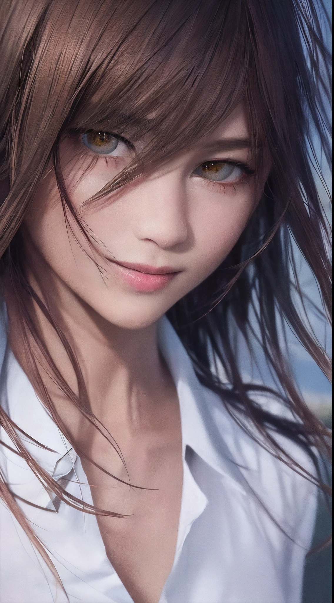 (8k, RAW photo, top quality, masterpiece: 1.2), (realistic, photorealistic: 1.3), super detailed, ultra high resolution, one girl, beholder, beautiful detailed face, smile, constriction, (slim waist: 1.3), shirt, beautiful detailed skin, skin texture, floating hair, professional lighting