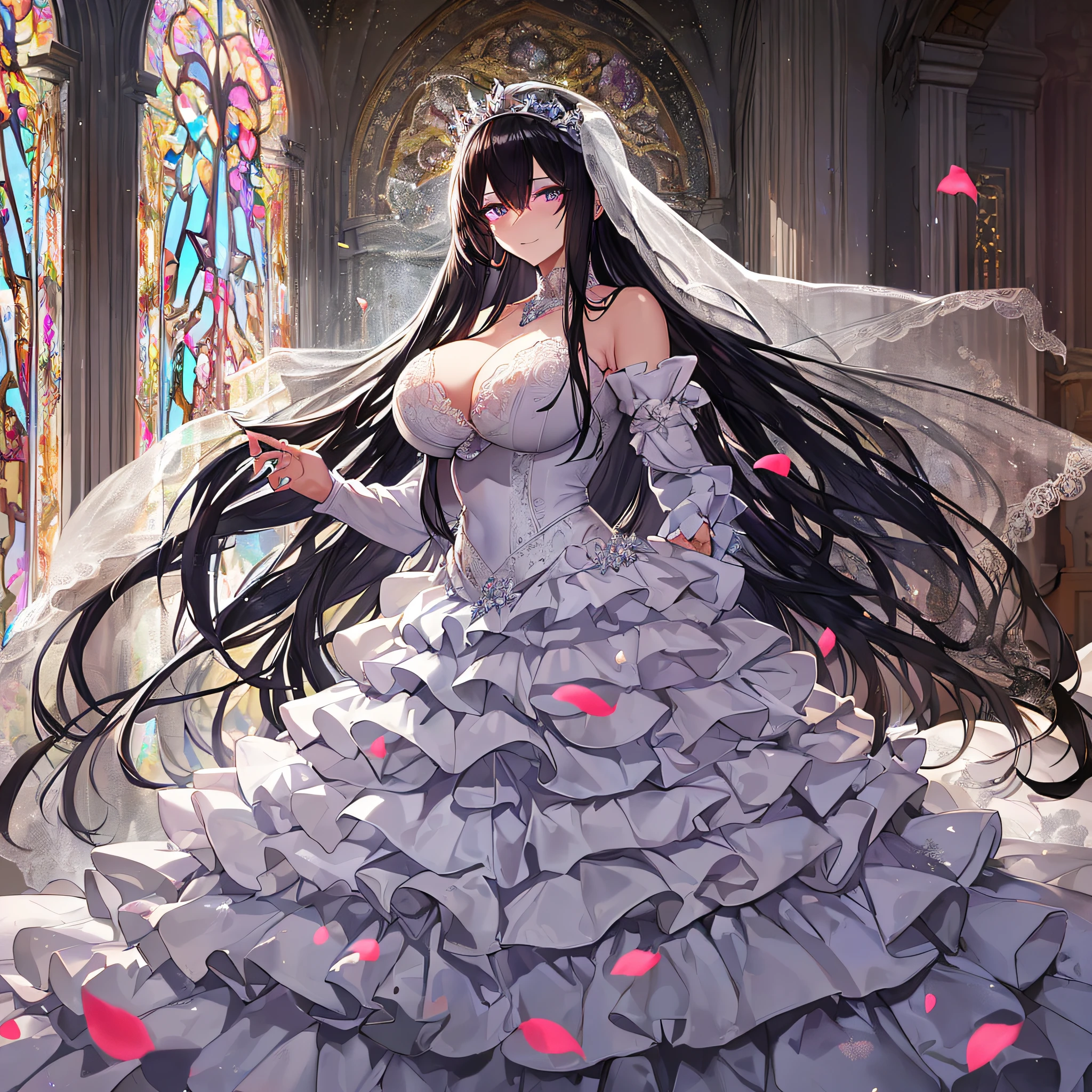((anime artstyle)),Masterpiece,Best Quality,Super Detail,Very Delicate and Beautiful,Solo,((full body)),(((1 arrogant queen wearing gorgeous white ballgown wedding dress with voluminous crinoline hoop skirt))),voluminous frills and beautiful lace,((gigantic tits,skindentation)),jewel-like eyes,((haughty smile)),(((arrogant,haughty))),dominant pose,Sharp eyes,Purple eyes,(Beautiful detailed face and eyes),((Bangs between eyes,voluminous straight hair,extremely Long straight Hair)),black hair,gorgeous embroidery and lace,luxury hair ornament,extremely gorgeousfull jeweled tiara,long train,bling-bling gorgeous gemstone jewelry,long wedding veil,full body,standing in the sacred cathedral,white lily flowers,flower petals flowing,light particles,Sacred Light,((gorgeous white ballgown wedding dress with voluminous crinoline hoop skirt))