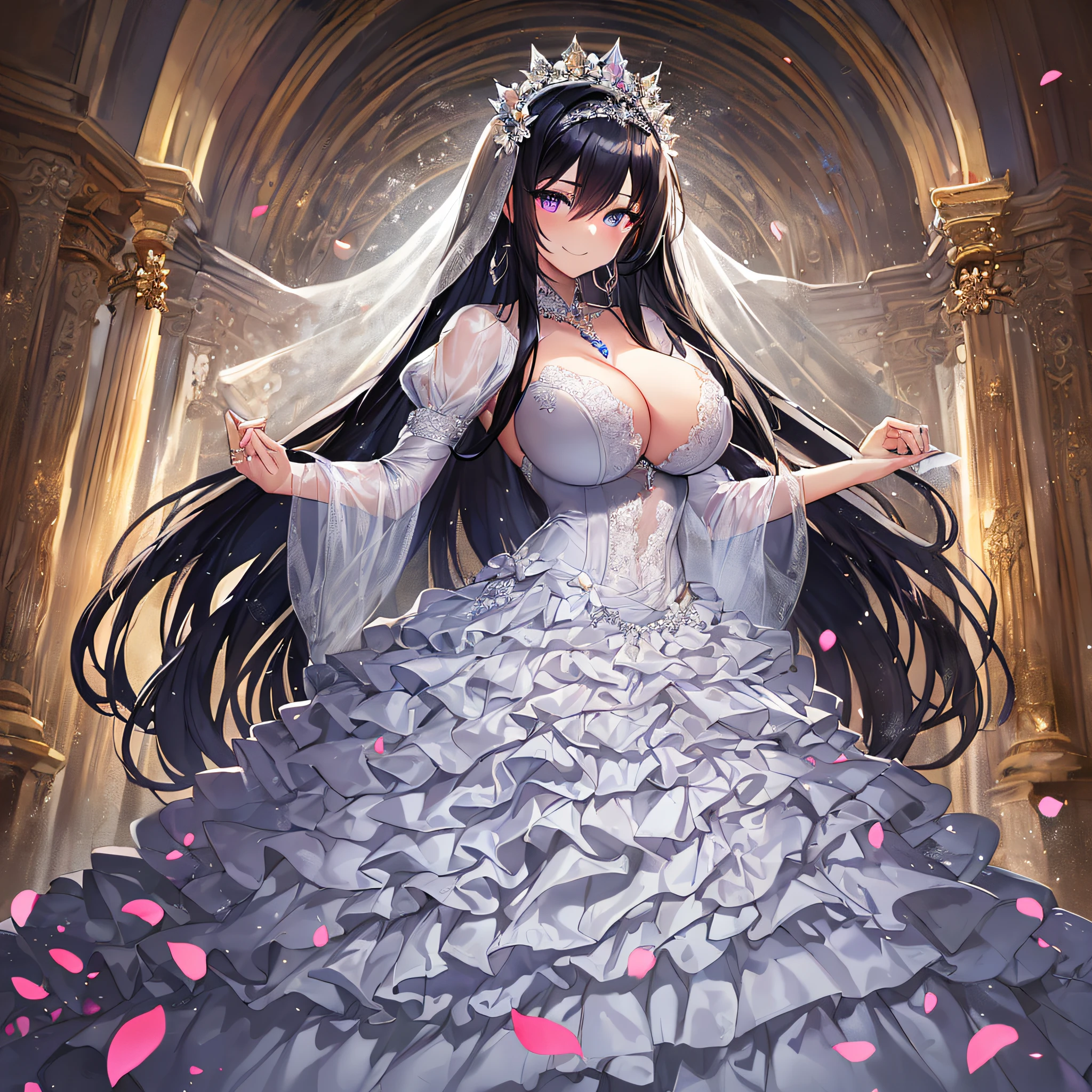 ((anime artstyle)),Masterpiece,Best Quality,Super Detail,Very Delicate and Beautiful,Solo,((full body)),(((1 arrogant queen wearing gorgeous white ballgown wedding dress with voluminous crinoline hoop skirt))),voluminous frills and beautiful lace,((gigantic tits,skindentation)),jewel-like eyes,((haughty smile)),(((arrogant,haughty))),dominant pose,Sharp eyes,Purple eyes,(Beautiful detailed face and eyes),((Bangs between eyes,voluminous straight hair,extremely Long straight Hair)),black hair,gorgeous embroidery and lace,luxury hair ornament,extremely gorgeousfull jeweled tiara,long train,bling-bling gorgeous gemstone jewelry,long wedding veil,full body,standing in the sacred cathedral,white lily flowers,flower petals flowing,light particles,Sacred Light,((gorgeous white ballgown wedding dress with voluminous crinoline hoop skirt))