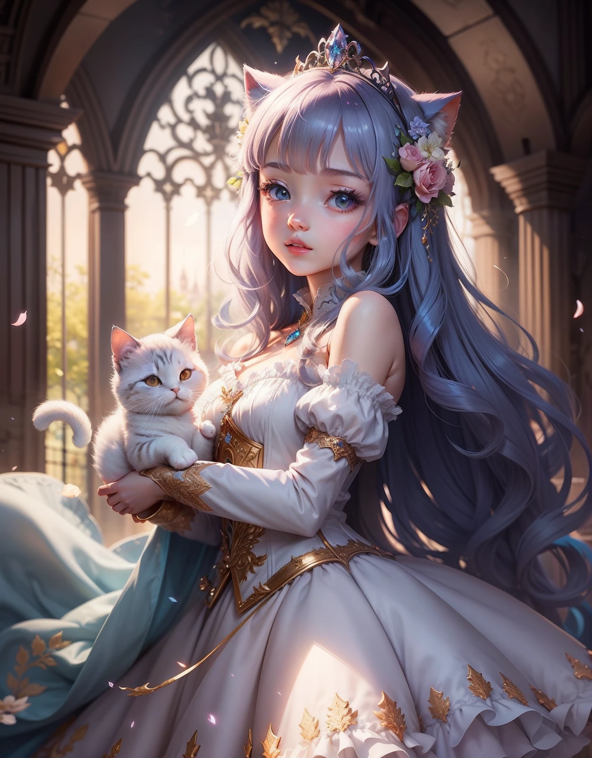 Flower cat,Castle princess,Crystal tiara,Lots of detail,Beautiful,Dreamy dynamic lighting。Super cute digital art,3Drenderingof