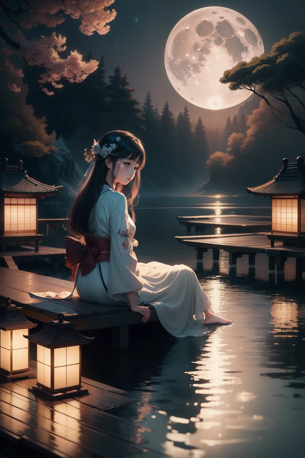 There was a woman sitting on the dock，The background is the full moon。, calm evening. Digital illustration, A beautiful artwork illustration, float under moon light at night, serene illustration, dreamlike illustration, fairy-tale illustration style, moonlit night dreamy atmosphere, Japanese style painting, floating chinese lampoons, fairy tale style background, 4 k hd wallpaper illustration