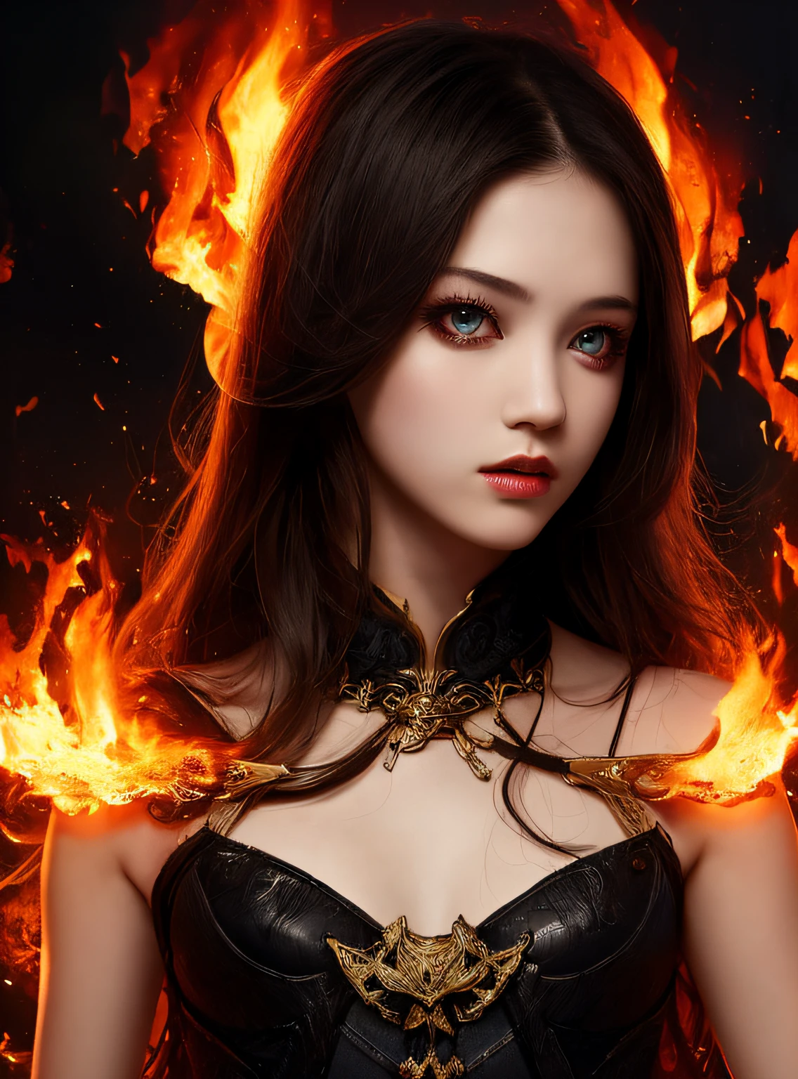 1girl,solo,masterpiece, best quality,fantasy,dark,shadow,
face is important,boy is important,eyes are important,rThe character is the main body of the work,(upper body),
flames,ruins, swirling magic,