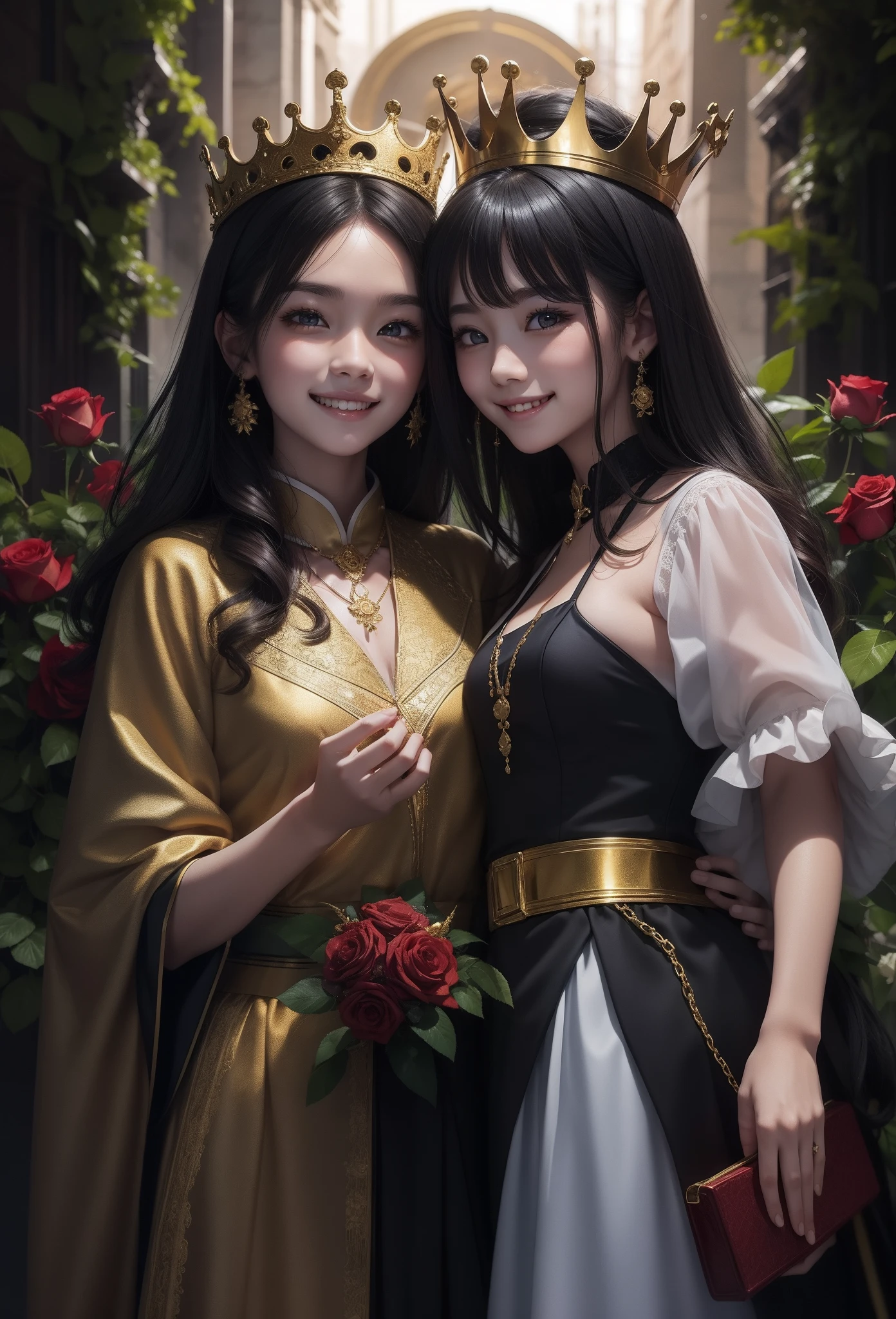 Only the smile of 2 cute girls、duo,Golden eyes、Golden hair、full of roses、crowns、