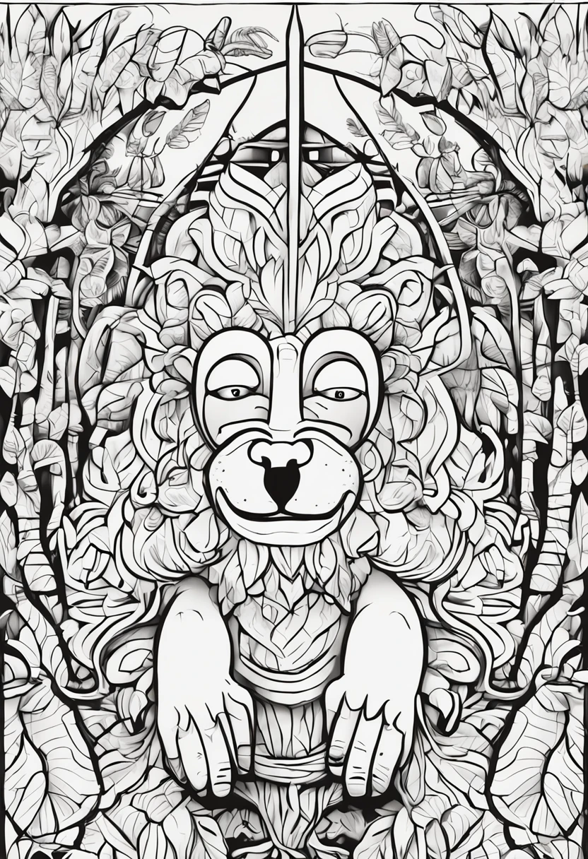 Livro para colorir de um macaco na floresta,estilo dos desenhos animados,linhas grossas,sem cor,fundo branco,dashes only