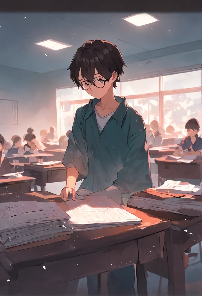 A bespectacled student picks up a desk in a bright classroom,Holding papers and homework, Student, trying to study,, Studious, Concentration, yihao ren, Handsome,Cool