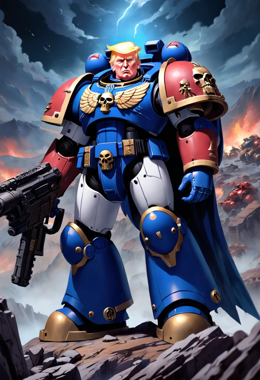 president trump as a 40k space marine,warhammer 40k era,high quality,blurred background,standing on a mountain of skulls
