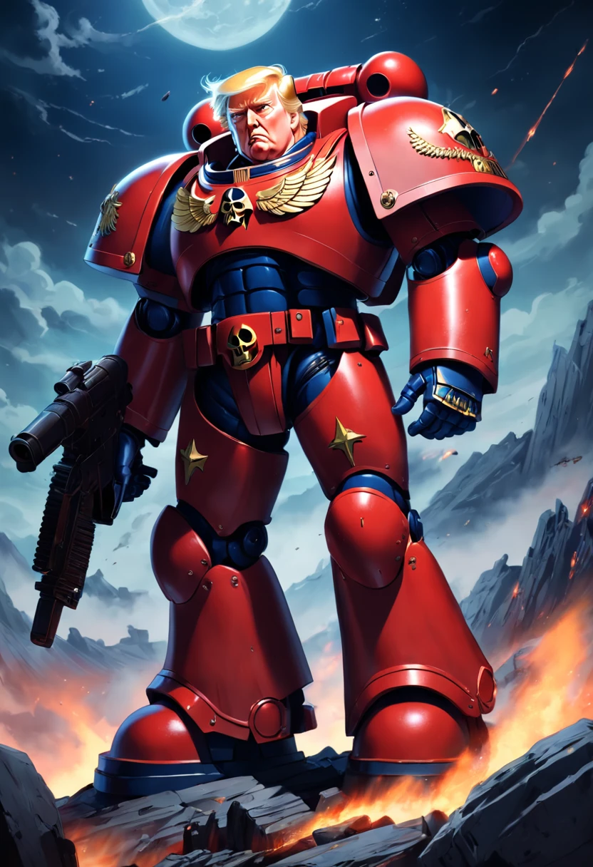 president trump as a 40k space marine,warhammer 40k era,high quality,blurred background,standing on a mountain of skulls