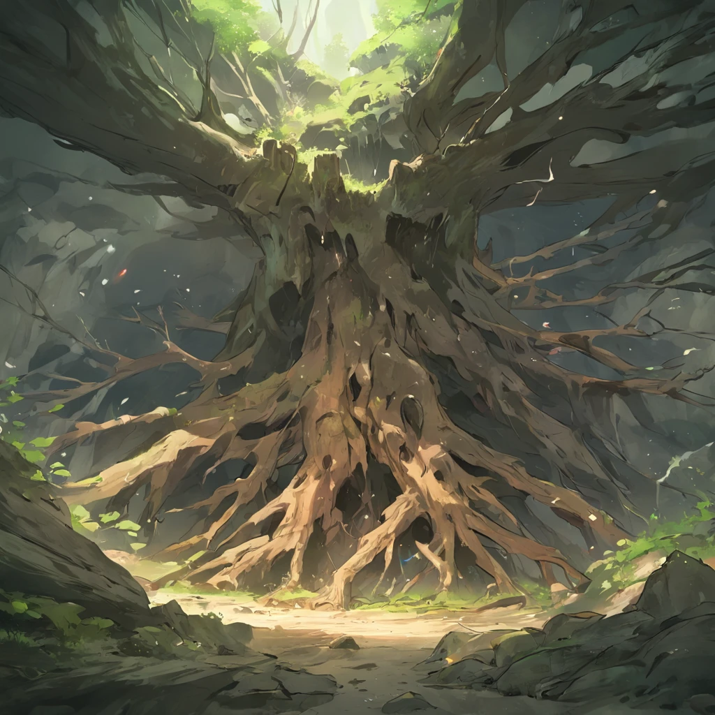 ((Cave in the mountain)), ((deep inside cave with many dead trees)), (dark), (scary), ((Low Angle Shot)), ((dead trees)), (old tree roots), rock, stone, moss growing, poisonous mushrooms, mysterious lighting, dangerous, sharp rocks, intricate details, 4k resolution., highly detailed, vibrant, {in the style of artgerm}