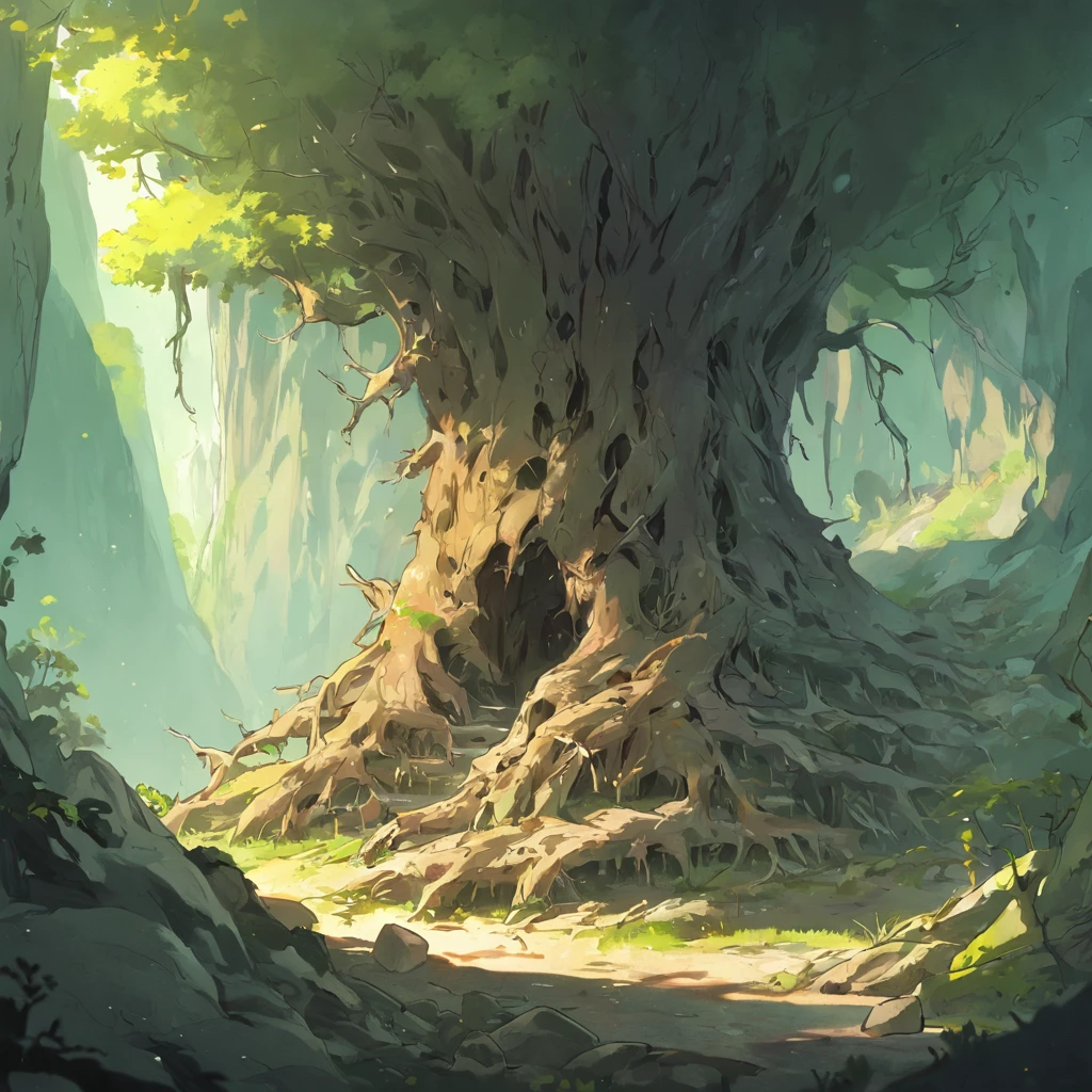 ((Cave in the mountain)), ((deep inside cave with many dead trees)), (dark), (scary), ((Low Angle Shot)), ((dead trees)), (old tree roots), rock, stone, moss growing, poisonous mushrooms, mysterious lighting, dangerous, sharp rocks, intricate details, 4k resolution., highly detailed, vibrant, {in the style of artgerm}