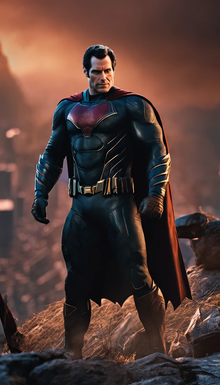 henry cavill de frente, (estilo pixar: 1.25) um retrato na altura da cintura do batman para cima, sorriso, textura natural da pele, texturas 4k, hdr, intrincado, altamente detalhado, foco nítido, cinematic visual, hiper detalhado, armadura divina branca