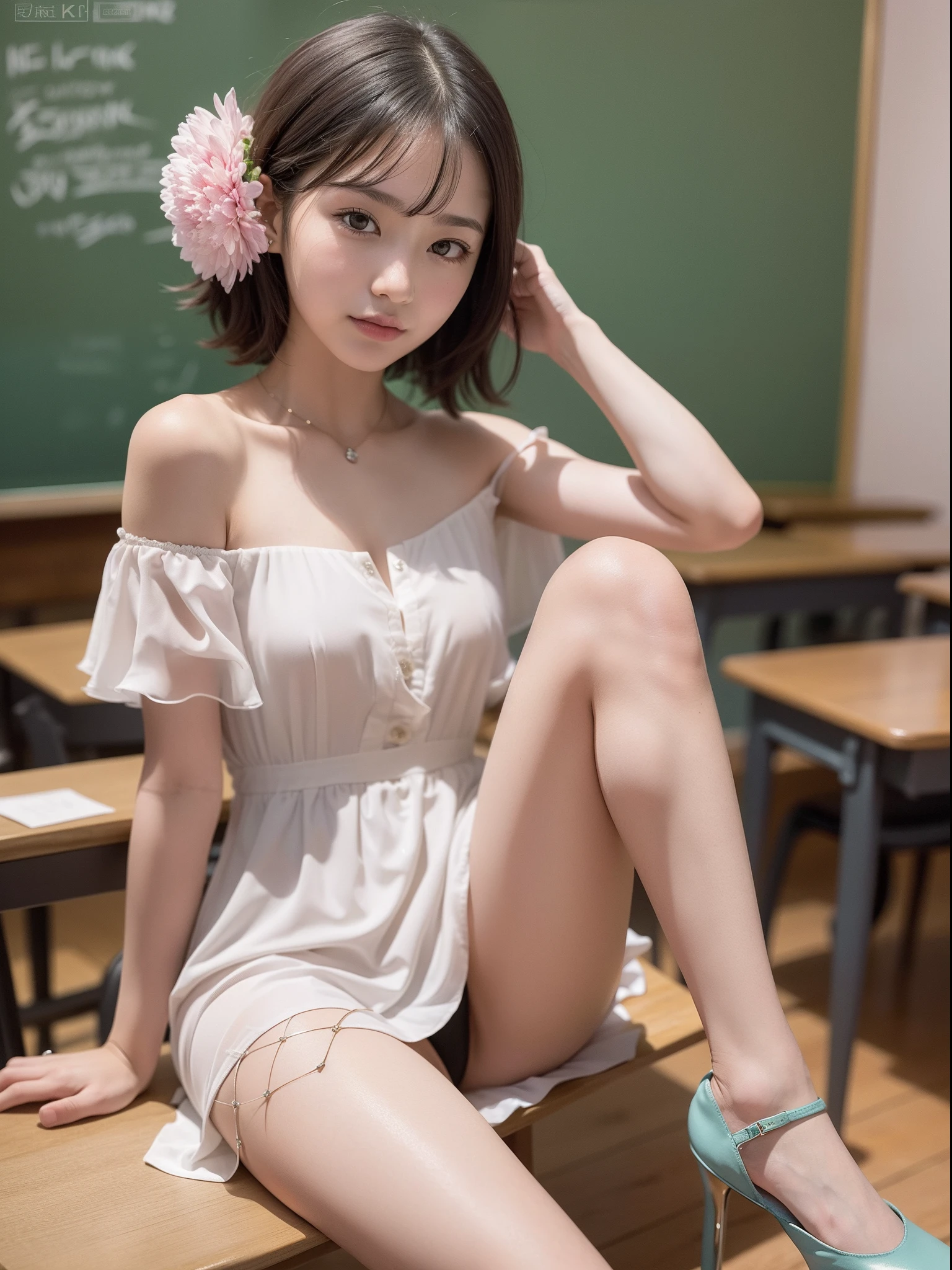 ((of the highest quality, 8K, masutepiece: 1.3, Raw photo)), Sharp Focus: 1.2, (1 AESPA Girl :1.1), Solo, (Realistic, Photorealistic: 1.37), (Face Focus: 1.1), Cute face, hyperdetailed face, short messy hair, Small Smile, slender, nude, (Off-the-shoulder chiffon dress, check skirt: 1.3), (Sitting with one knee up: 1.3), classroom, show panties, flower, dahlia