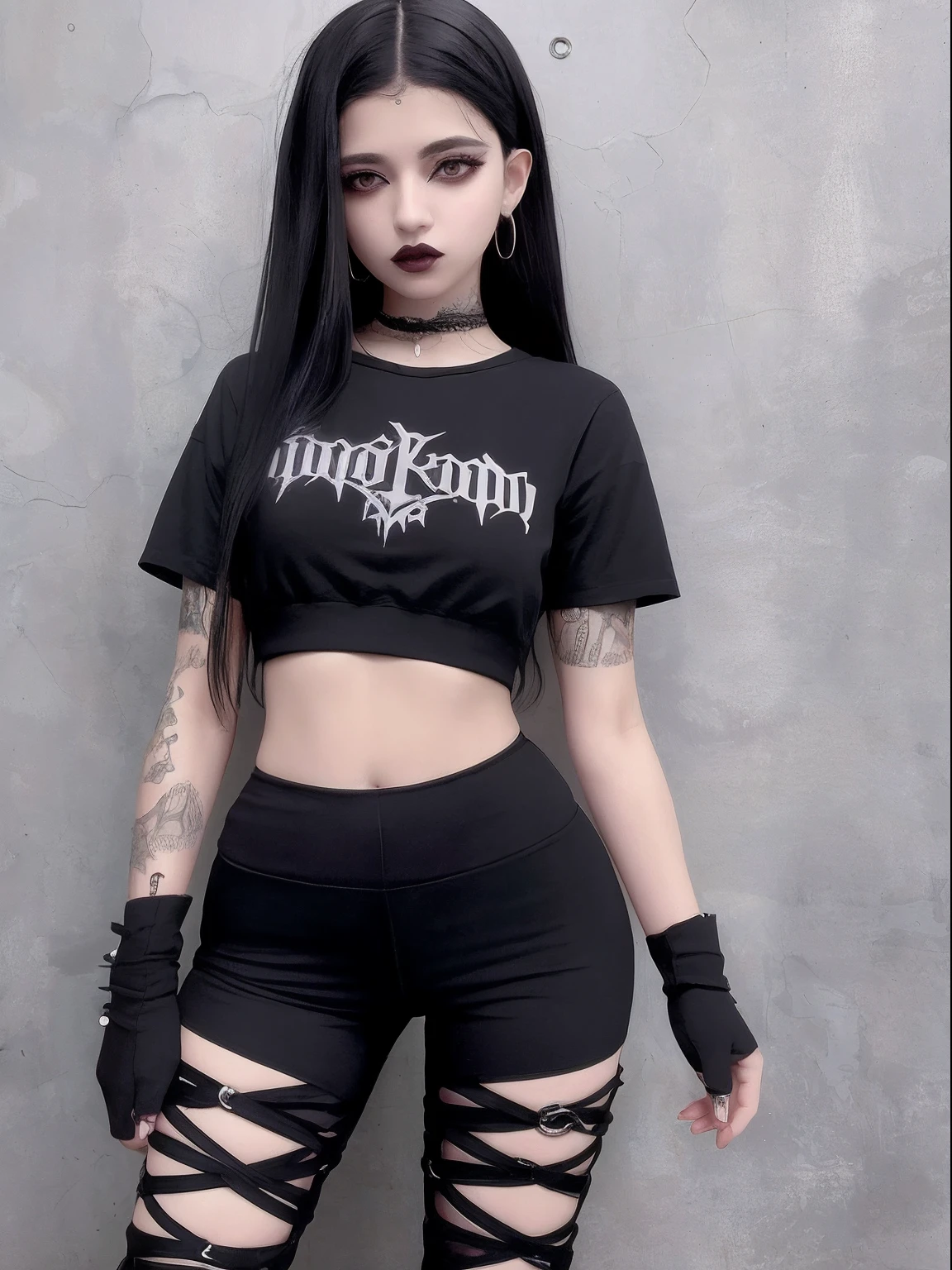 mulher araffed em uma camisa preta e shorts yoga legging posando para uma foto, roupas witchcore, 1 7 -  - old me goth girl, cruel korean goth girl, goth punk clothes, usando streetwear cyberpunk, goth girl aesthetic, gothic aesthetic, wearing modern gothic clothes, Cyberpunk Streetwear, 1 7 - year - goth gi E - Menina, e-menina