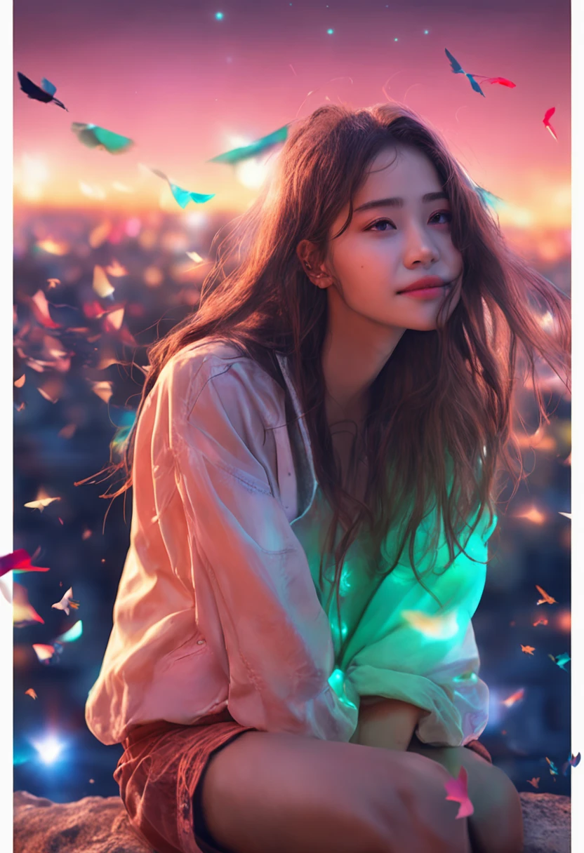 "Image Quality: 8K (Best Quality Scale: 1.2), Artistic Style: Realistic, Photorealistic Factor: 1.37, Clarity: Ultra High Definition, Subject:1girl flying above stunning cityscape ,beach, camping brown hair, neon color shooting stars, very long hair, off shoulder, feather hair ornament, neon colors, flashes, stunning night sky, two Girl (16 yearble Features: Pleasant Smile, Closed Mouth, Exquisite Details, Lovely Nose, Composition: Full Body, Damp Hair, Context: Amidst Colossal Dalsefo, detailed, Korean idol looks symmetrical teeh vey detailled