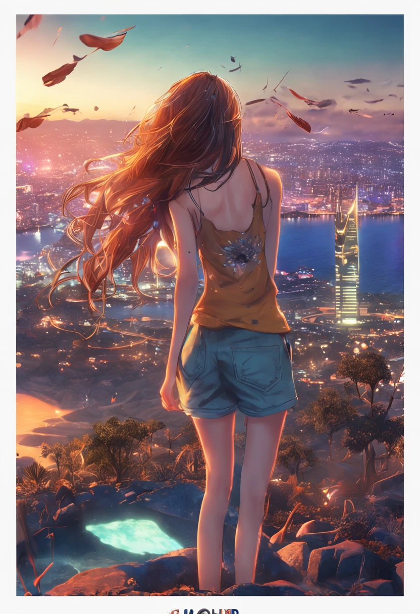 "Image Quality: 8K (Best Quality Scale: 1.2), Artistic Style: Realistic, Photorealistic Factor: 1.37, Clarity: Ultra High Definition, Subject:1girl flying above stunning cityscape ,beach, camping brown hair, neon color shooting stars, very long hair, off shoulder, feather hair ornament, neon colors, flashes, stunning night sky, two  Girl (16 yearble Features: Pleasant Smile, Closed Mouth, Exquisite Details, Lovely Nose, Composition: Full Body, Damp Hair, Context: Amidst Colossal Dalsefo,  detailed, Korean idol looks symmetrical teeh vey detailled
