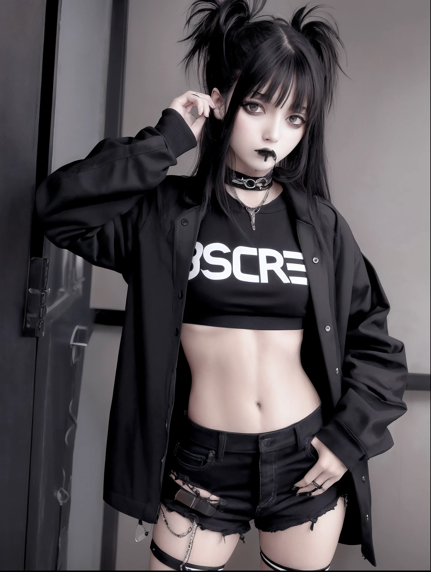 mulher araffed em uma camisa preta e shorts posando para uma foto, roupas witchcore, 1 7 - year - old anime goth girl, cruel korean goth girl, goth punk clothes, usando streetwear cyberpunk, goth girl aesthetic, gothic aesthetic, wearing modern gothic clothes, Cyberpunk Streetwear, 1 7 - year - old goth girl, E - Menina, e-menina