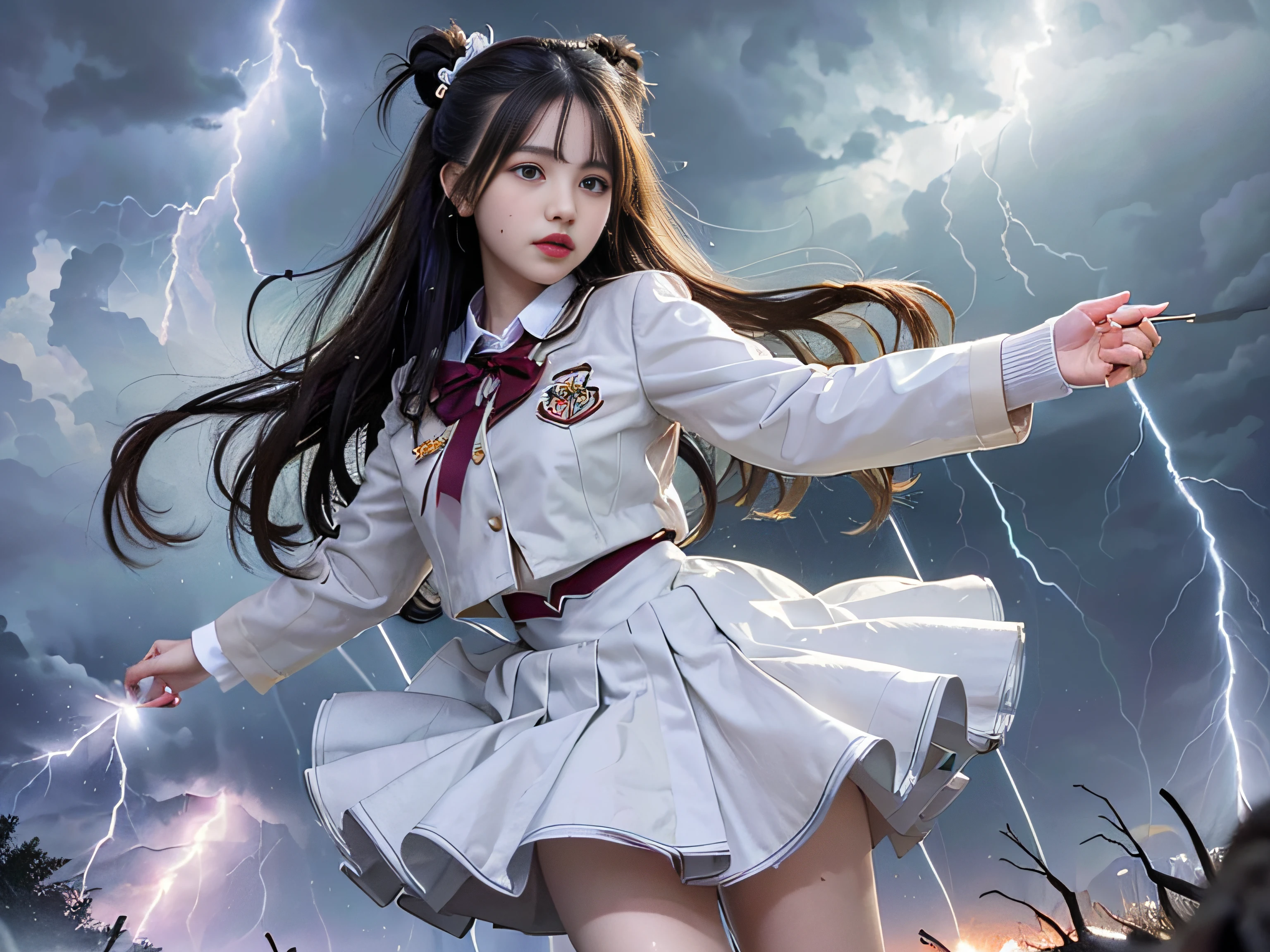 top-quality、masterpiece、超A high resolution、(Photorealsitic:1.4)、Raw photo、Detailed CG image quality、cyberpunked、Beautiful fece、(1 magical girl)、, (Twin-tailed black hair:1.4), (White ribbon to stop hair), (Platinum Silver Accessories:1.4)、(White School Uniform:1.4)、(big breasts thin waist)、(Purple eyes:1.3), (radiant eyes), (Mystical powers:1.2), (Flying near the ground at high speed:1.4), (Holding a white wizard wand:1.4), ((A pale and fierce ball of light emanating from the wand:1.4)), (Lightning emanating from all over the body:1.4)、detailed portrait、8K picture quality、bright colour、concept-art、Cinematic and dramatic atmosphere、foco nítido、Volumetric lighting、Cinematographic lighting、Wearing studio quality、(Neon lighting)、depth of fields、Ambient lighting、Blurred foreground、blurry backround:1.3, (rainy evening:1.4), (((Severe lightning strike:1.4))), Detailed CG image quality, 8mm fisheye lens, Angle looking up from below:1.2, (Full Body Angle), The whole body is soaking wet, Fast shutter speed,