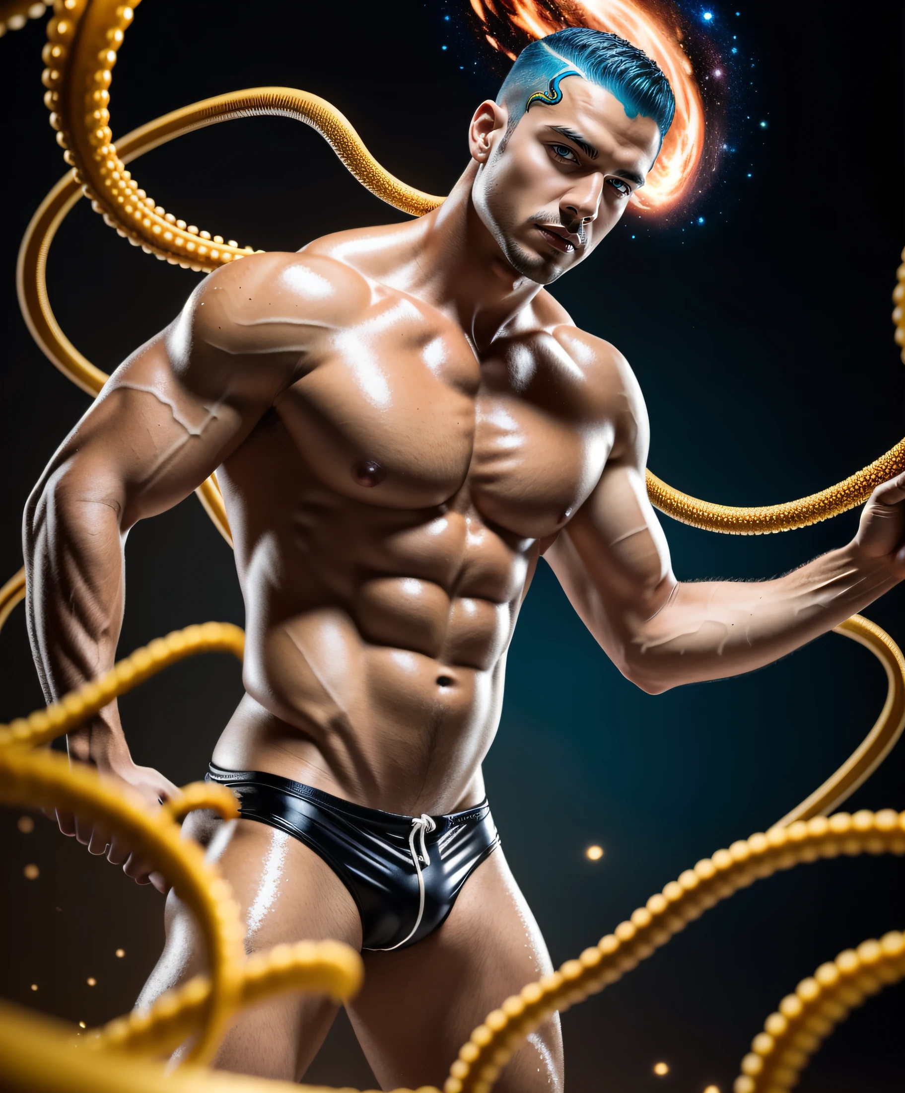 An award winning photography of a Beautiful male muscled with tentacles on his head and a silver cage , colored body, Swimming suit, glass on his body, multicolor decorated abstract skin, surreal decorated skin, surrealism, masculine, stellar explosion in the background, full body in motion, defined body, full body, stunning realistic, raw photograph, defined body,maximalism, octane render, unreal, 8k, depth of field, bokeh, black ink, 8k, hyperreal, 50mm, kodak portra 400, photograph by Martin Schoeller, Natural Light, natural skin, real skin texture