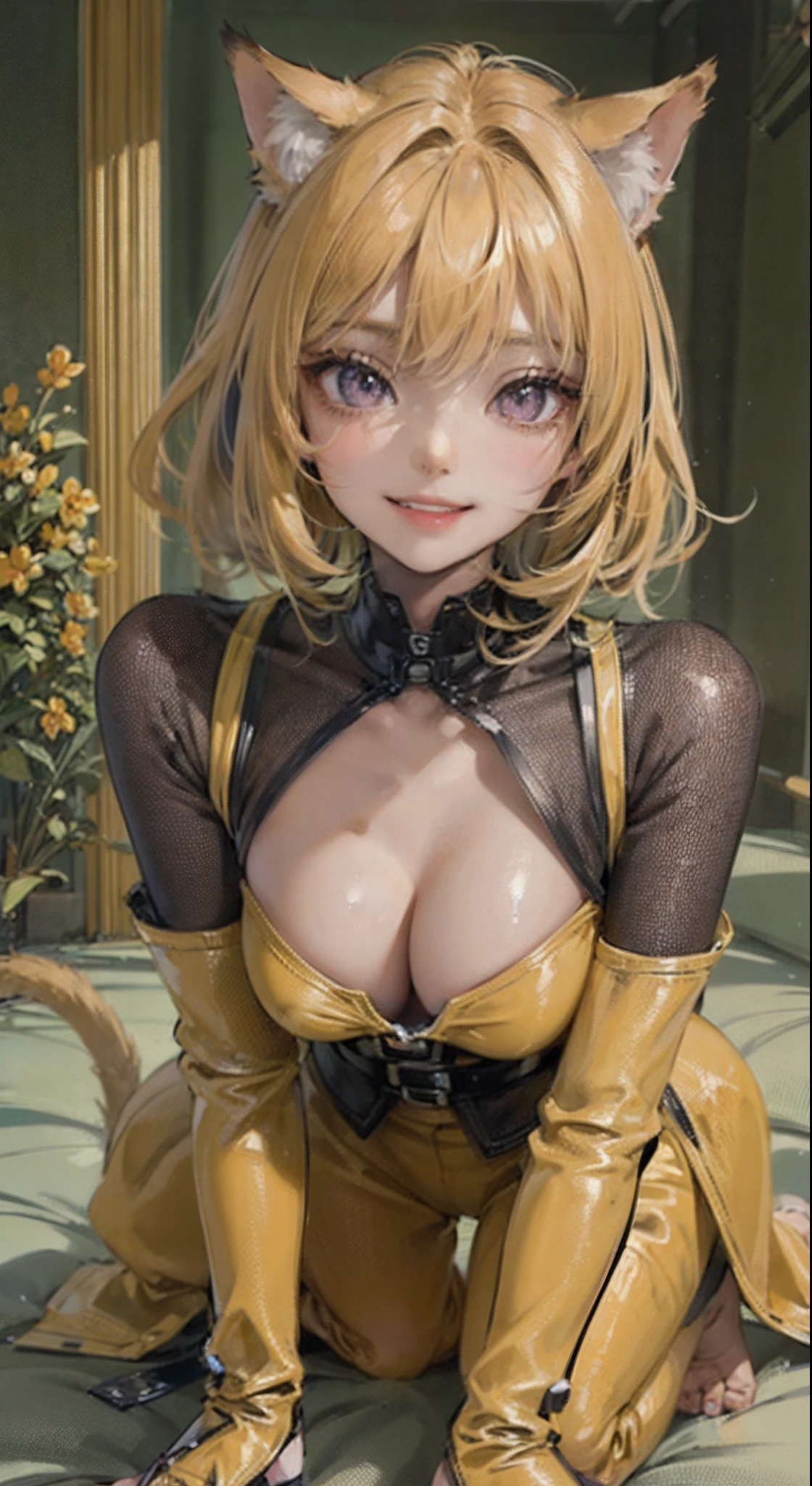 UHD, masterpiece, anatomically correct, textured skin, super detail, yellow hair, cuspid, neuter gender, slit pupils, Purple eyes, cat hands and feet, on all fours, yellow clothing, indoors, bob cut, cat ears, covering ears, grin, anime style, depth of field, from above、Acrobatic movements
