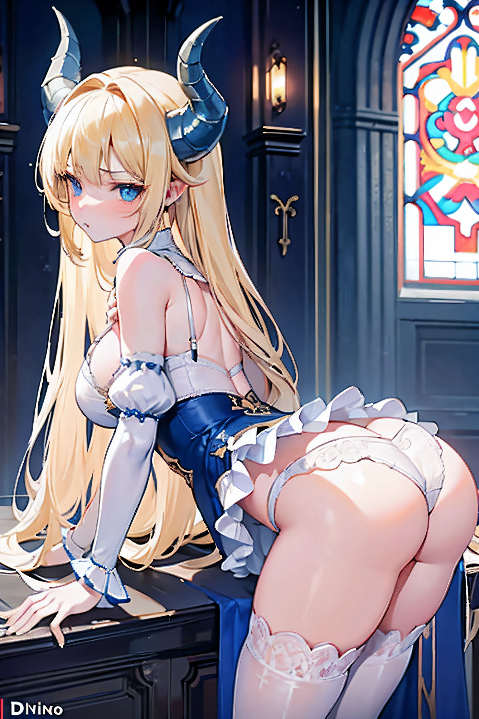 A girl with big dragon horns on her head,Long blonde hair,blue color eyes,Erotic white lace lingerie,Fighting posture,divino,highest quality,exposing her chest,Miniskirt,Gorgeous church background with extreme details,Bend over and pout your butt to reveal white thongs