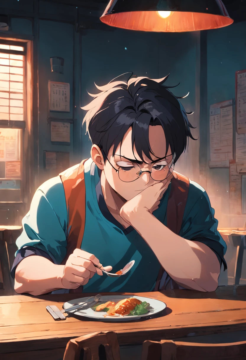 2D cartoon style, image with the characteristics Kevin James, with glasses and mustache, sitting at the table looking at the empty plate.