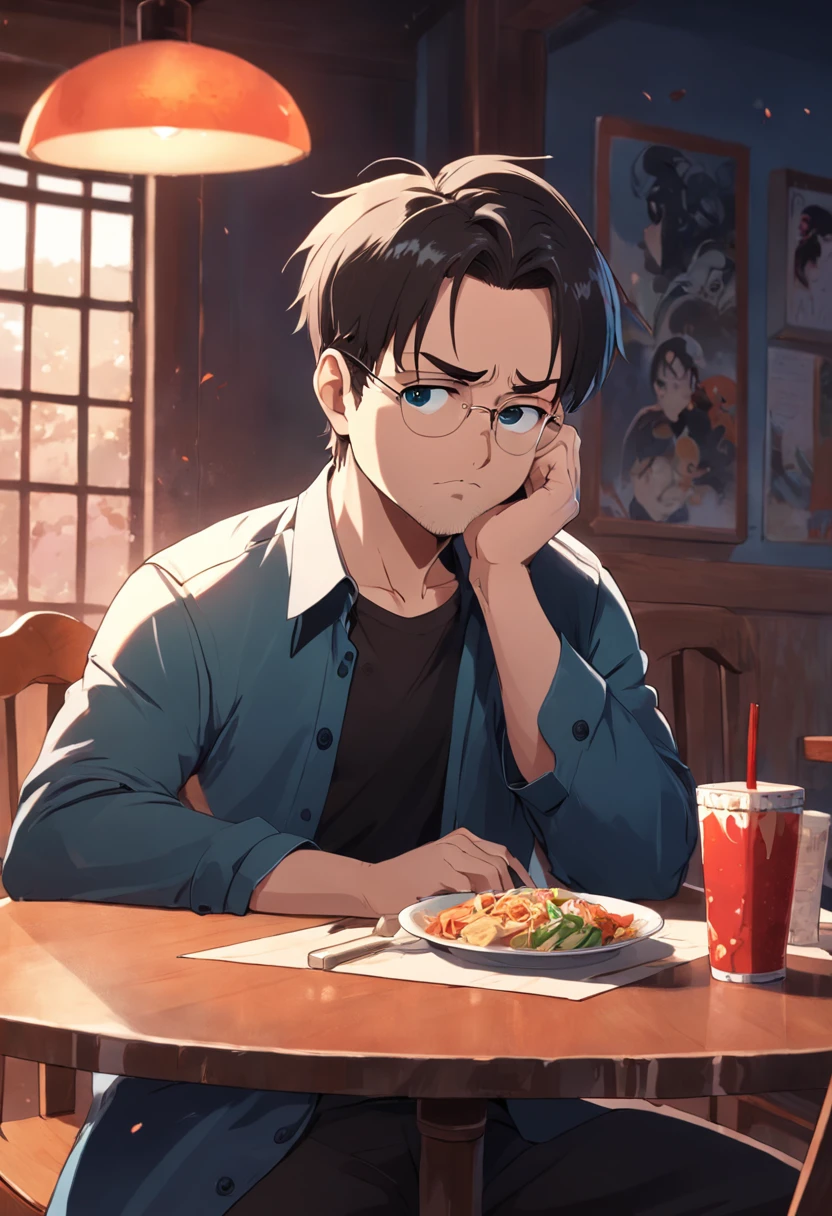 2D cartoon style, image with the characteristics Kevin James, with glasses and mustache, sitting at the table looking at the empty plate.