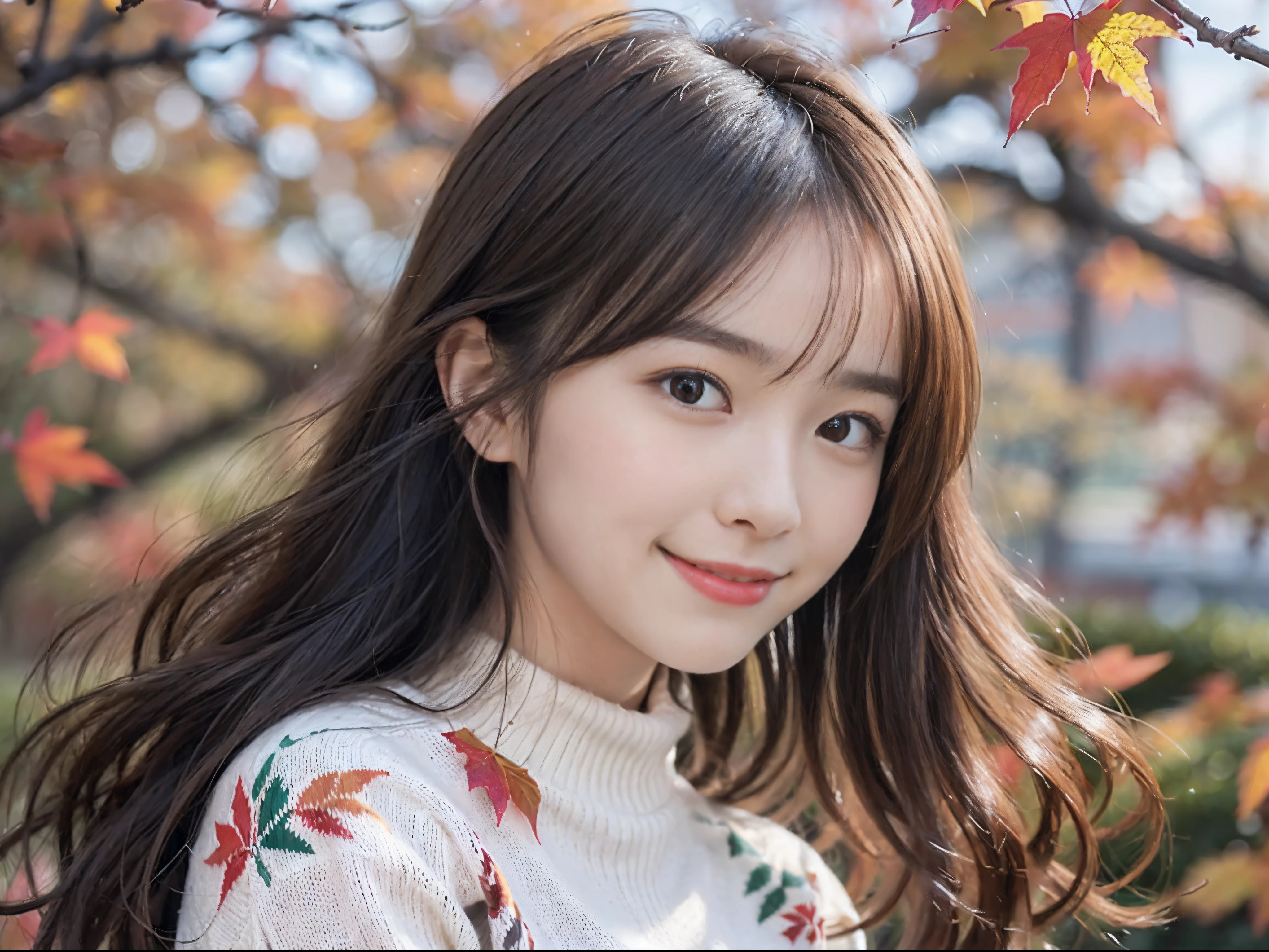 (Close up portrait of one girl with slender small breasts and very long hair in colorful autumn shirt and sweater:1.5)、(Smiling girl with hair fluttering in the wind stands on the edge of screen:1.3)、(Waterfall and wonderfully beautiful autumn foliage background :1.3)、(Perfect Anatomy:1.3)、(complete hands:1.3)、(complete fingers:1.3)、Photorealsitic、Raw photography、masutepiece、top-quality、hight resolution、delicate and pretty、face perfect、Beautiful detailed eyes、Fair skin、Real Human Skin、pores、((thin legs))、(Dark hair)