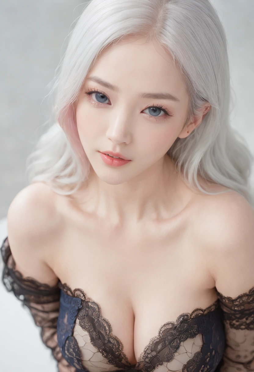 blue eye, pee(incontinence:1.47), Fashion trendy beautiful and charming woman, gentle and charming Chinese beautiful woman, Korean(kpop-idol), delicate and sexy collarbone, charming oval face, double eyelids, smart [peach]blossom eyes, pink lips, small nose, bare shoulders, focus on the face, [[close-up of the face]], Ultra-high-definition, super-detailed, white off-shoulder lace shirt, ((black)lace panties), fresh and impressive, Natural(big breasts:1.25), (kneeling to sitting on the ground), (open your legs wide), ((spread legs)), (from below angle), (erectnipples:1.5), (glossy skin:1.4), ((low angle)), Perfect figure, areolas, cleavage, armpit wrinkles, ((urine on the floor)), (nsfw:1.05),(((multicolored hair, [White hair]))), ultra realistic 8k cg, Picture-perfect face, Flawless, naughty, Masterpiece, Professibest quality, tongue out, high-quality picture, naked, show boobs, From above, ((Best Quality)), ((Masterpiece)),(Details), 1girl, she was wearing a revealing white dress. The dress, exposing the shoulders and navel, fit the body snugly and beautifully emphasized its curves. Her skin was white like ivory and soft and smooth to the touch. Her branded hair was straight and shiny pale. Her long hair ran down her back, making her figure look even more beautiful. Her eyes are large and deep indigo. Her lips were colored with cherry-colored lipstick and were plump and bulging. Her figure is somewhat mysterious and looks at the viewer. She was in a minimalist, and stark white room. Her face was beautifully trimmed and her eyes and nose were clear. The big black eyes were attractive with a deep and subtle glow. Her hair was long and lustrous, and her flowing beauty further enhanced her charm. Her mouth was small, and her well-formed lips were shining brightly. Her skin was smooth and very beautiful, almost silky. Her breasts and buttocks were large, and her thin waist was beautiful with its supple lines. , (large breasts, huge breasts, huge breasts, big breasts)